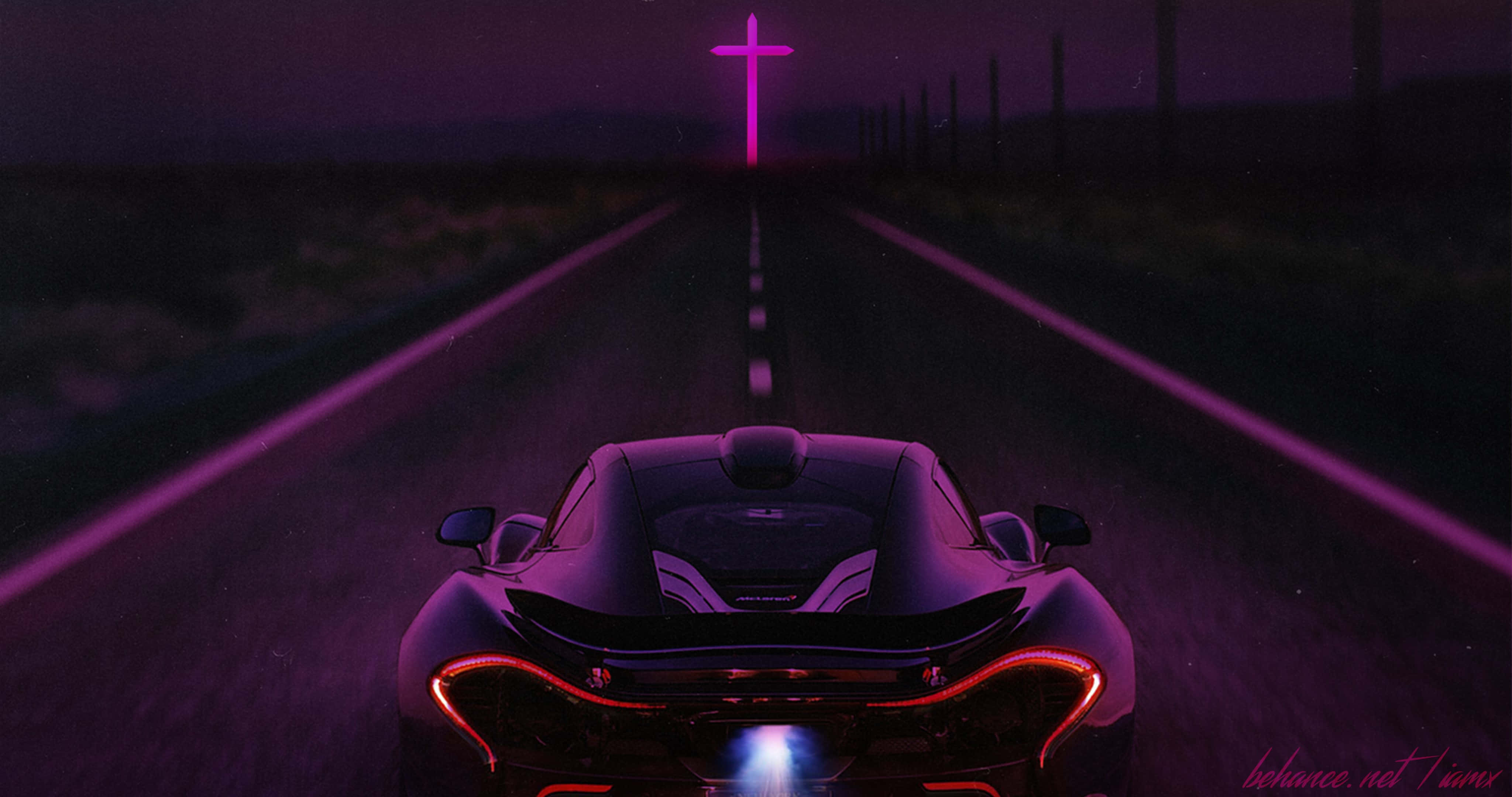 Cool Mclaren, glowing purple cross, twilight sky, 4K Desktop Wallpaper