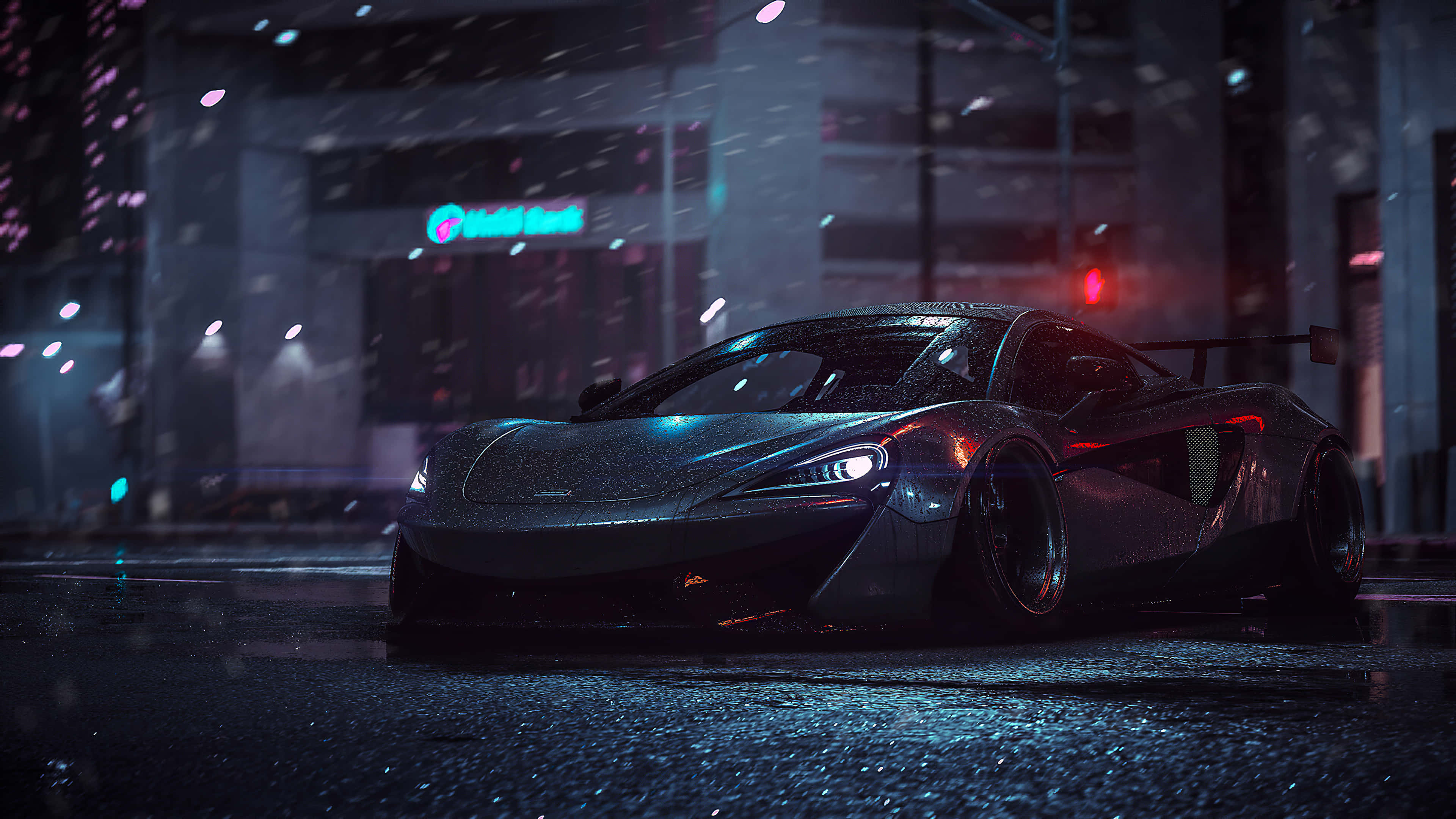 Cool Mclaren, sleek black sports car, rain-slicked city streets, 4K Desktop Wallpaper