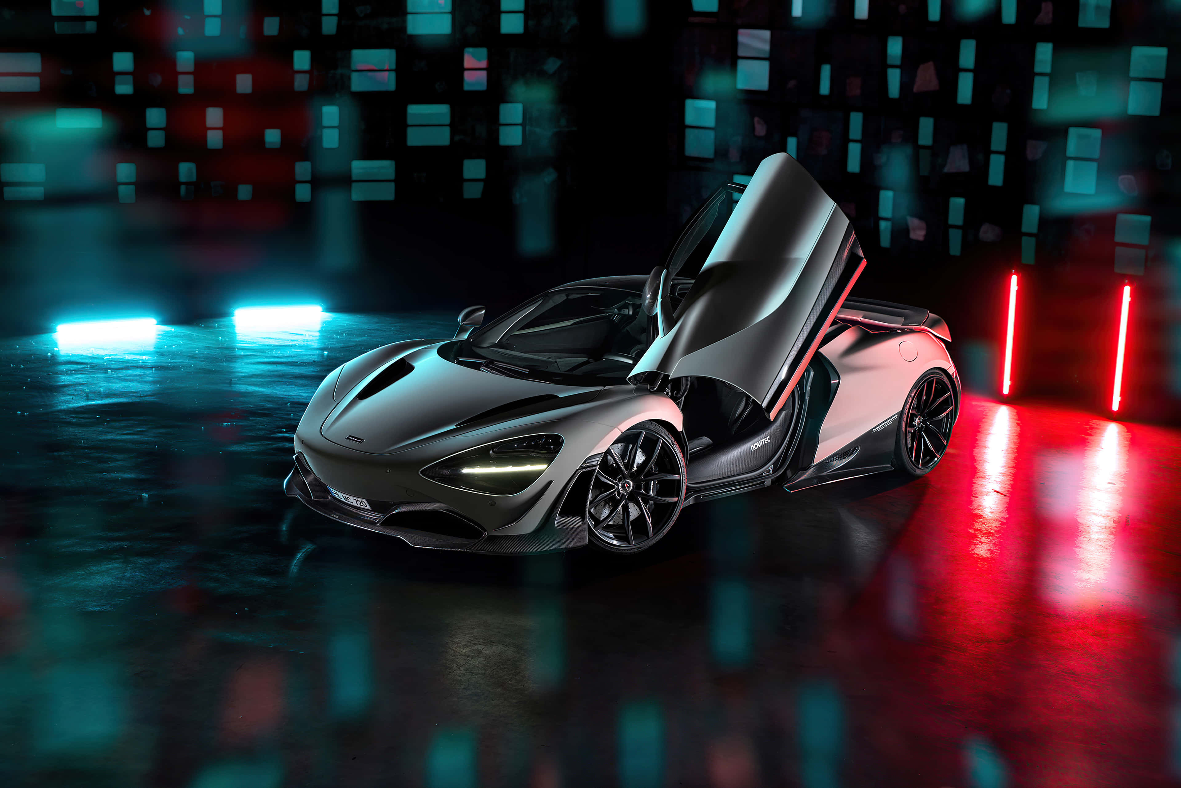 McLaren, gullwing doors, neon blue and red lights, 4K Desktop Wallpaper