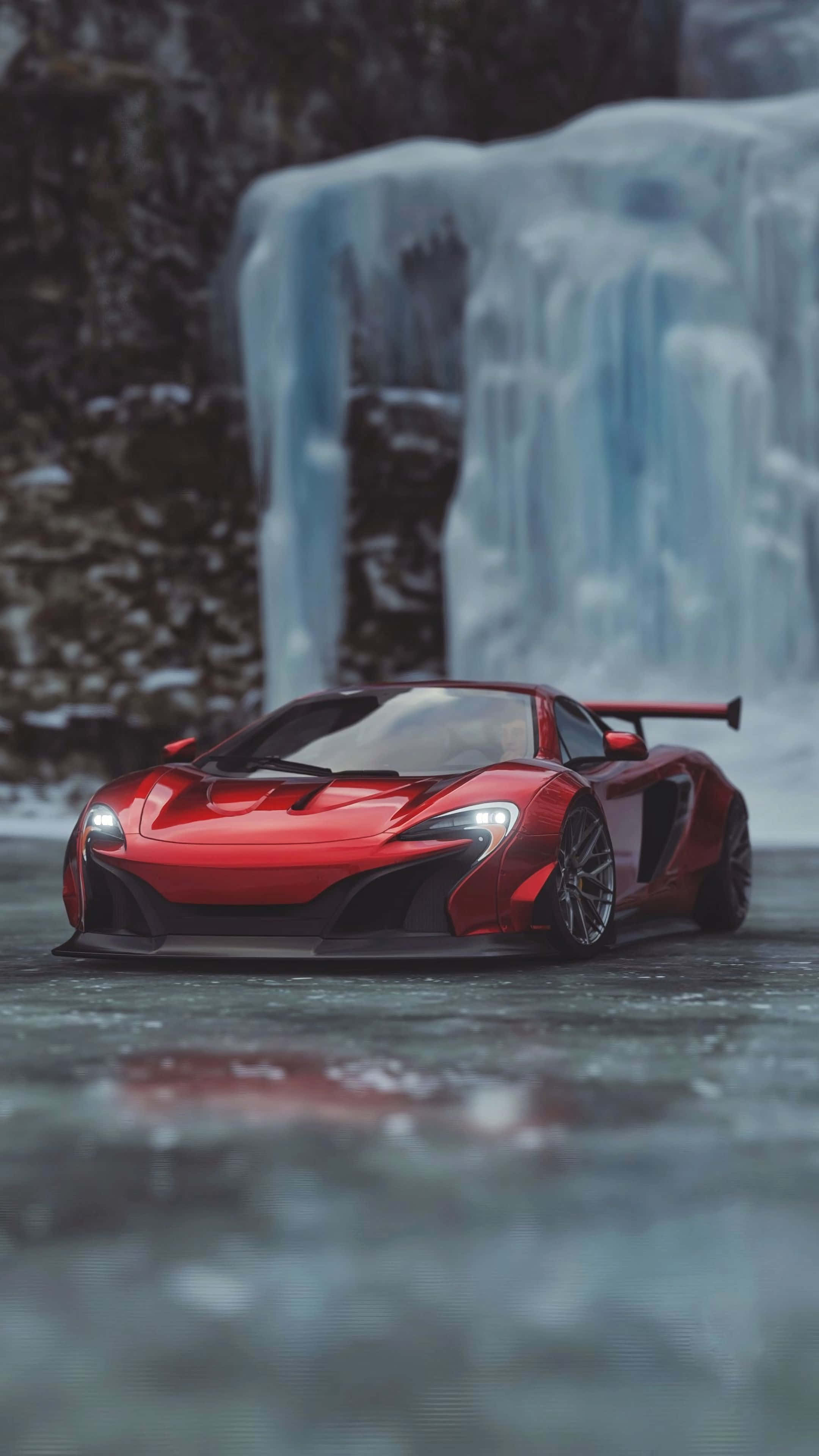 Cool Mclaren, vibrant red sports car, frozen lake, 4K Phone Wallpaper