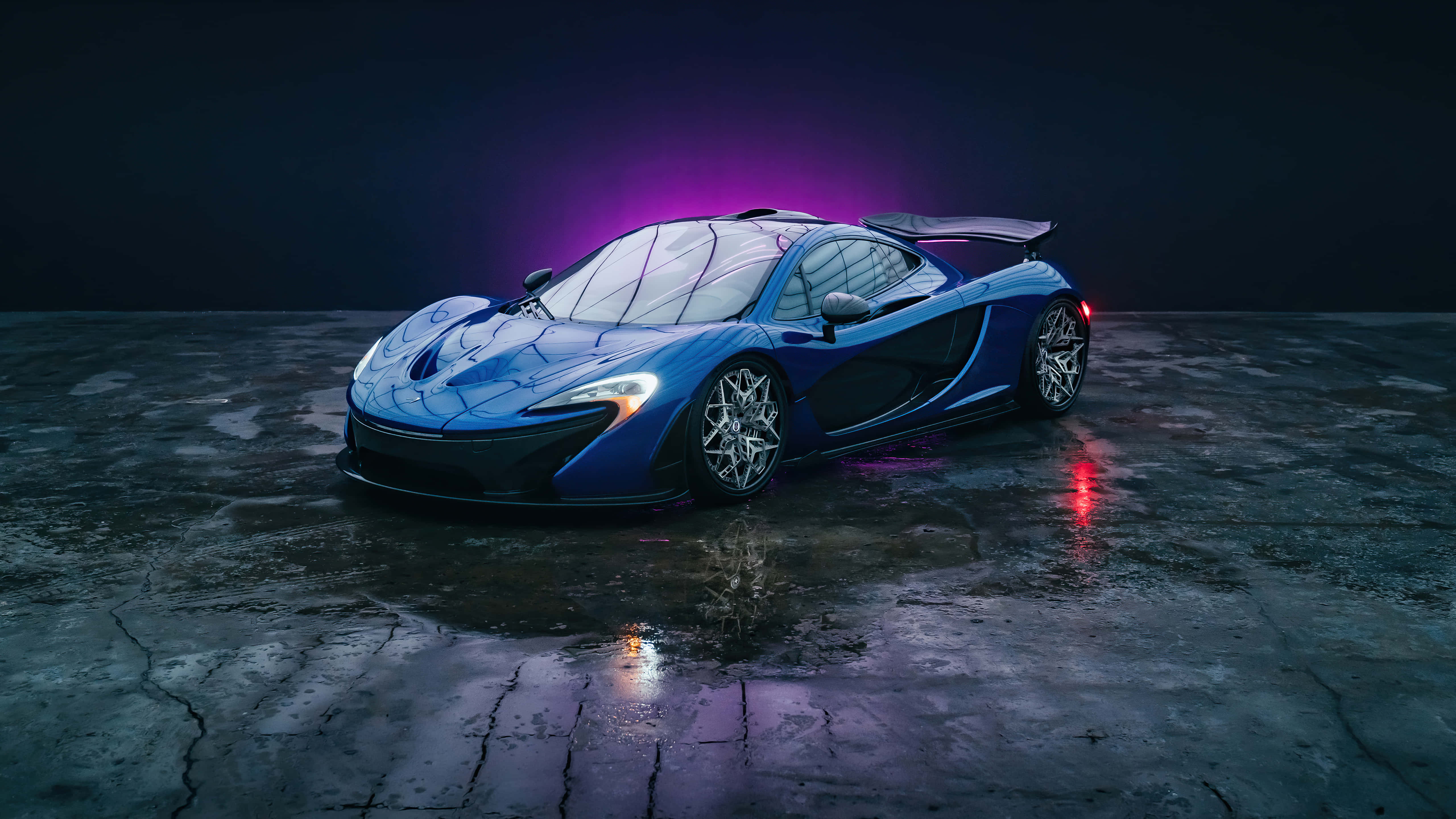 Mclaren, sleek blue sports car, purple neon lights, 5K Desktop Wallpaper