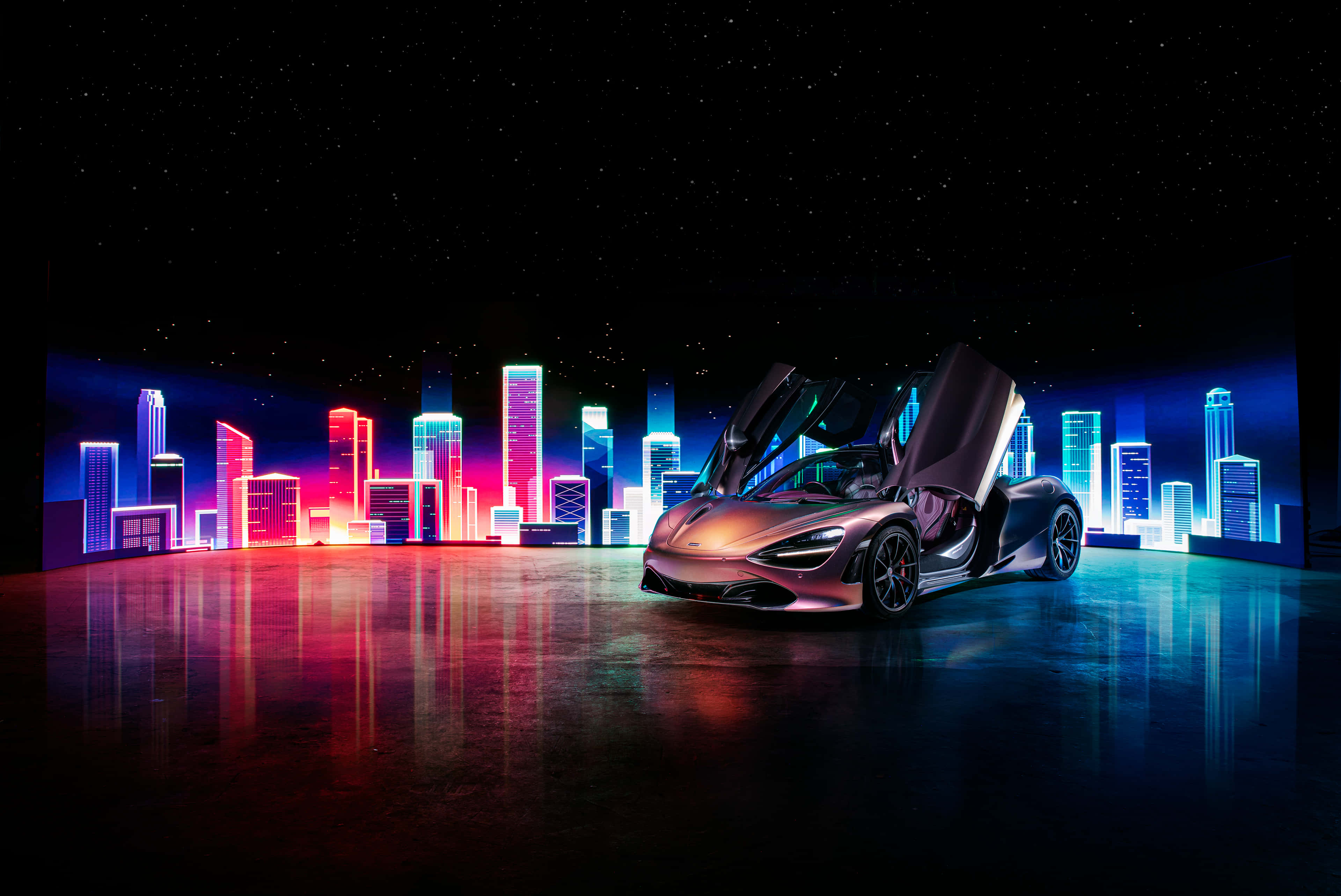 Cool Mclaren, neon lights, cyberpunk city skyline, 4K Desktop Wallpaper