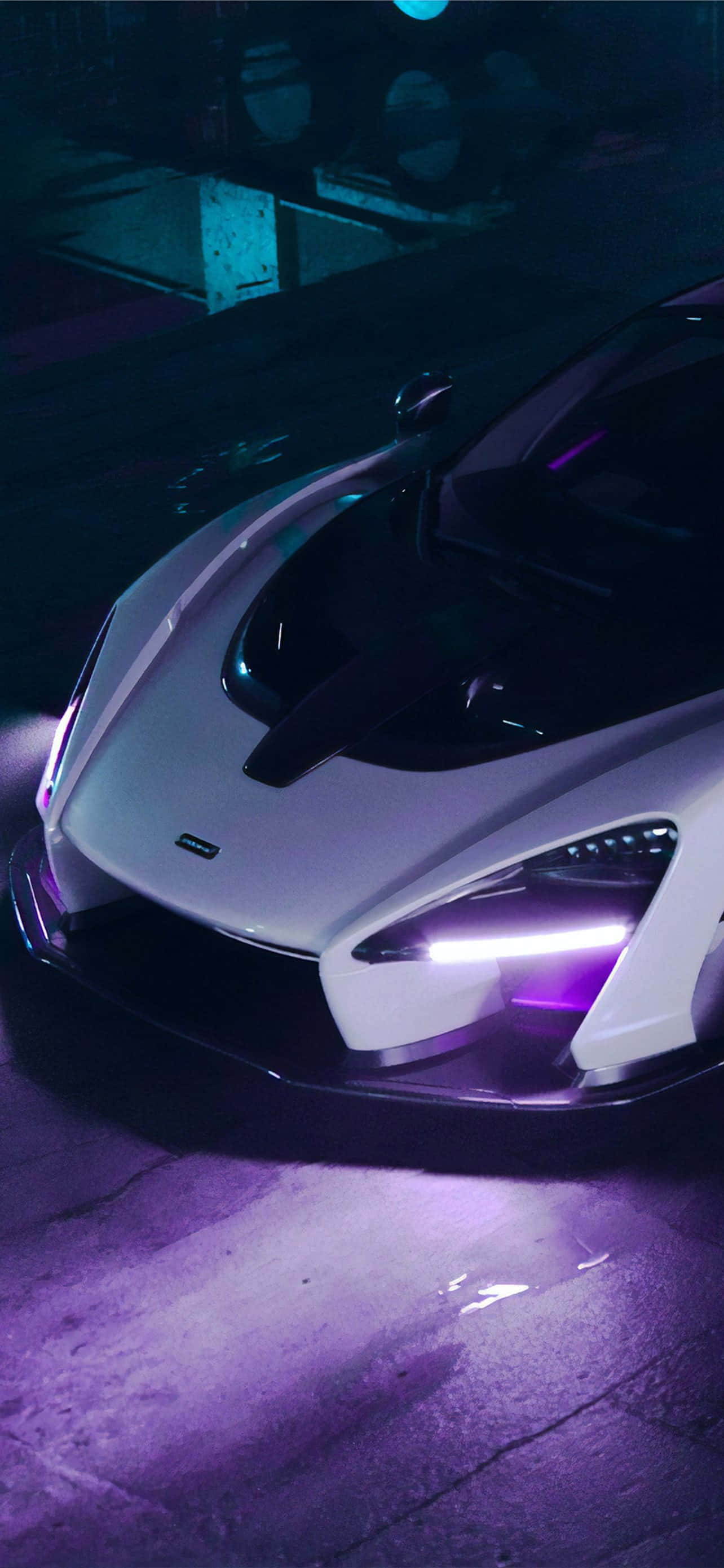 white sports car, purple neon lights, wet urban street, 2K Phone Wallpaper