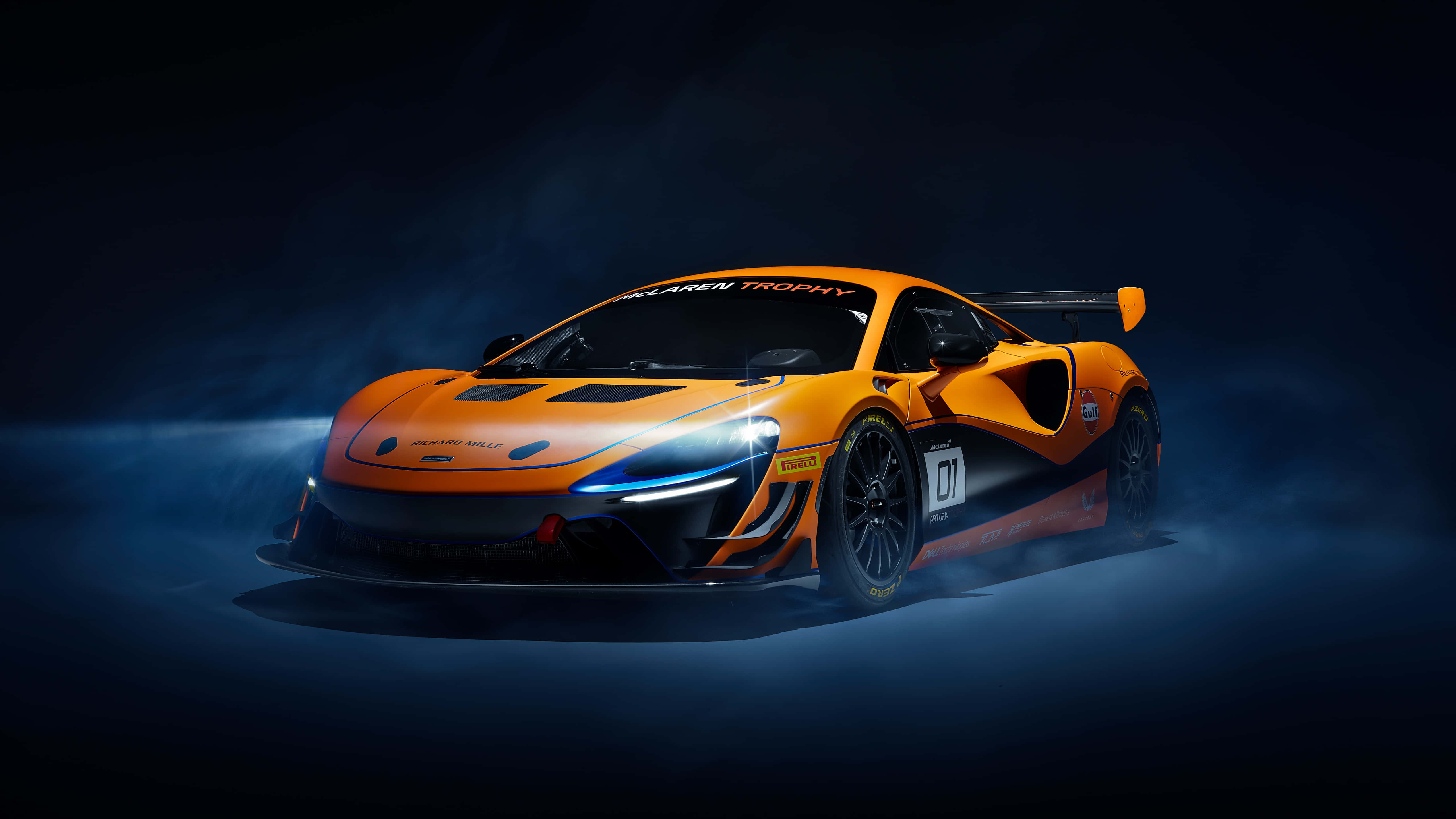 McLaren, orange, blue lighting, 5K Desktop Wallpaper