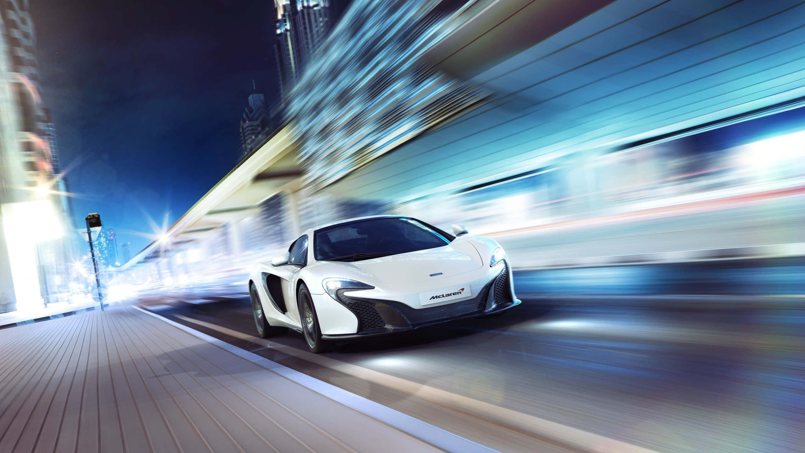 McLaren, white, neon-lit urban night, 2K Desktop Wallpaper