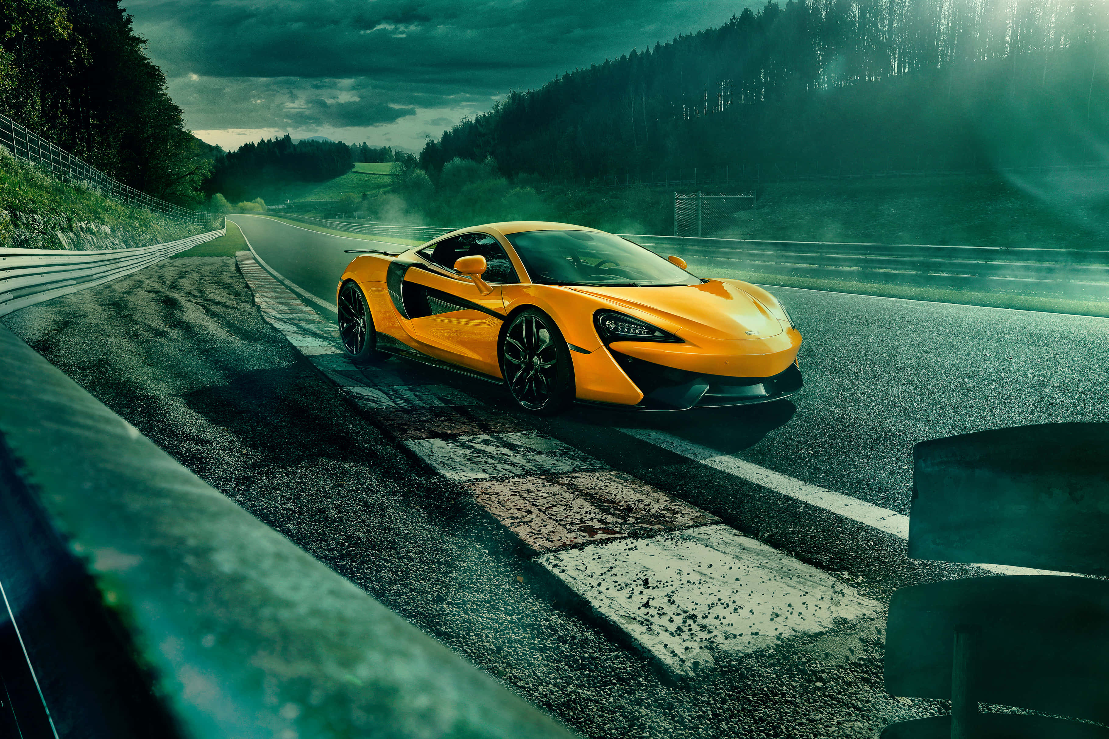 McLaren, vibrant orange, winding mountain road, 2K Desktop Wallpaper