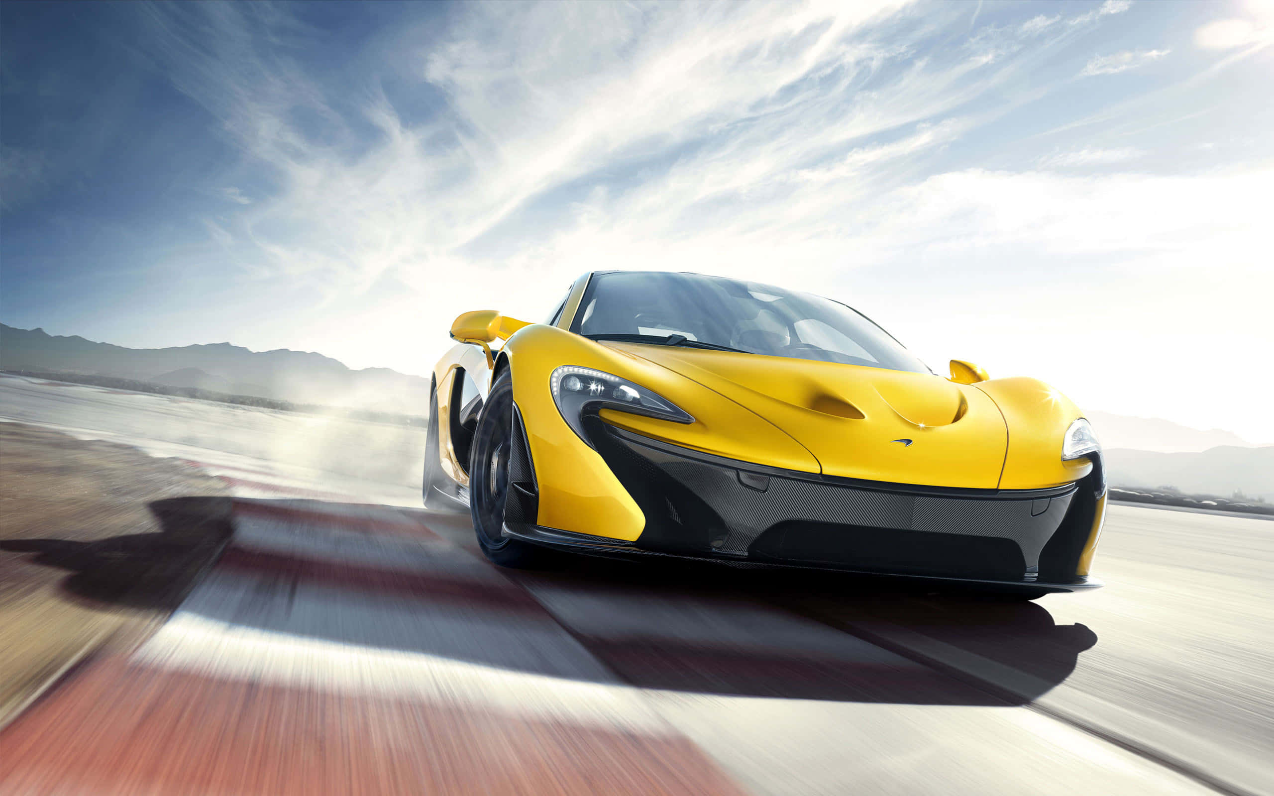 McLaren, vibrant yellow, desert track, 2K Desktop Wallpaper