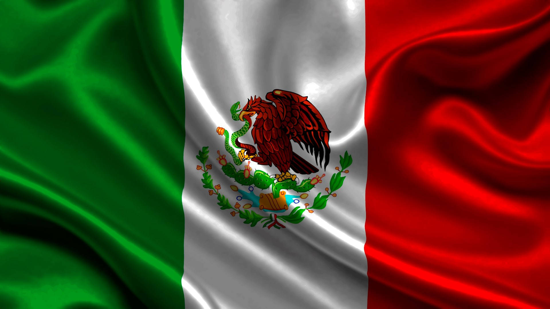 Mexican flag, green white and red vertical stripes, eagle devouring a serpent on a cactus, Full HD Desktop Wallpaper