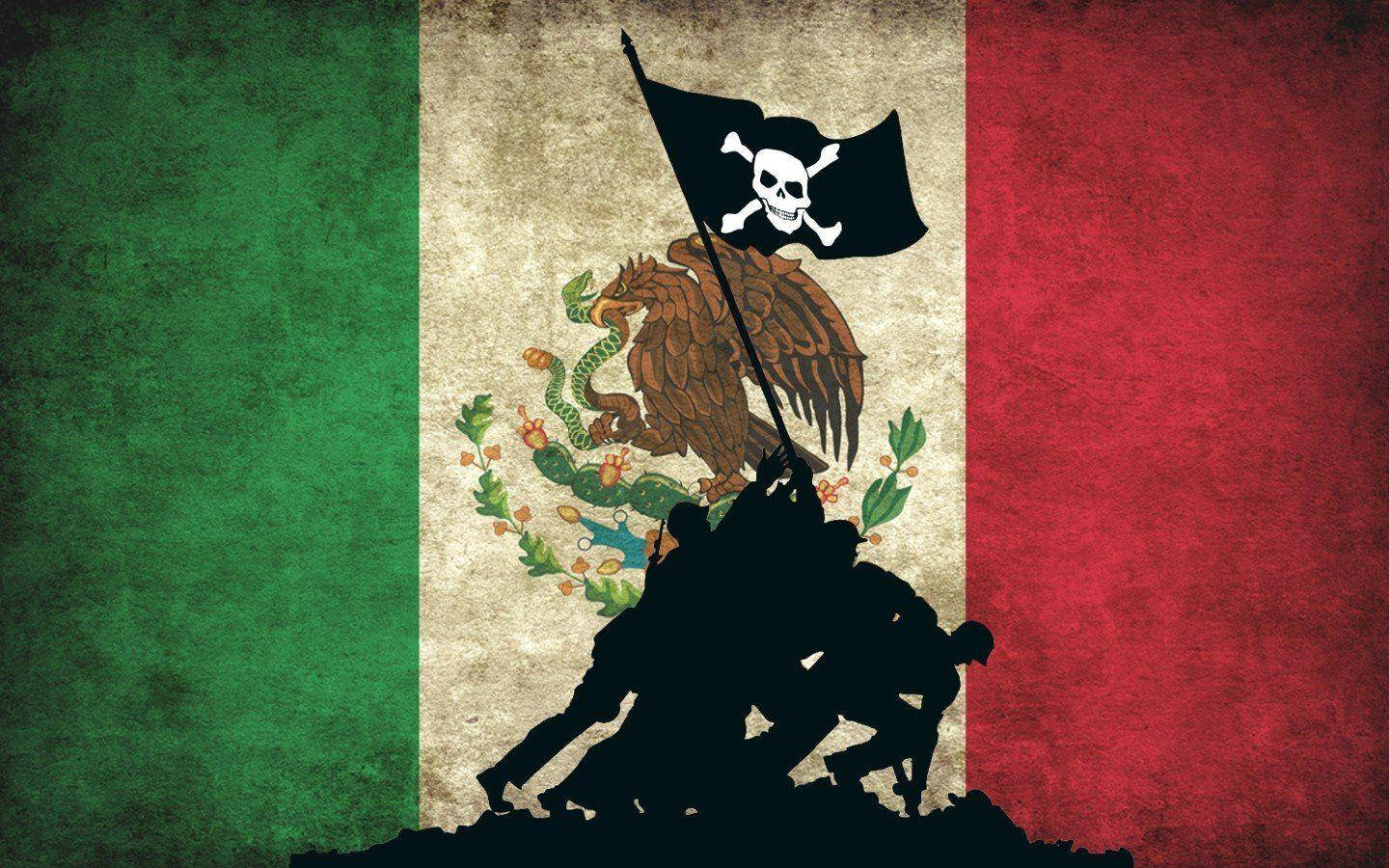 Mexican flag, eagle and serpent emblem, silhouette of soldiers, HD Desktop Wallpaper