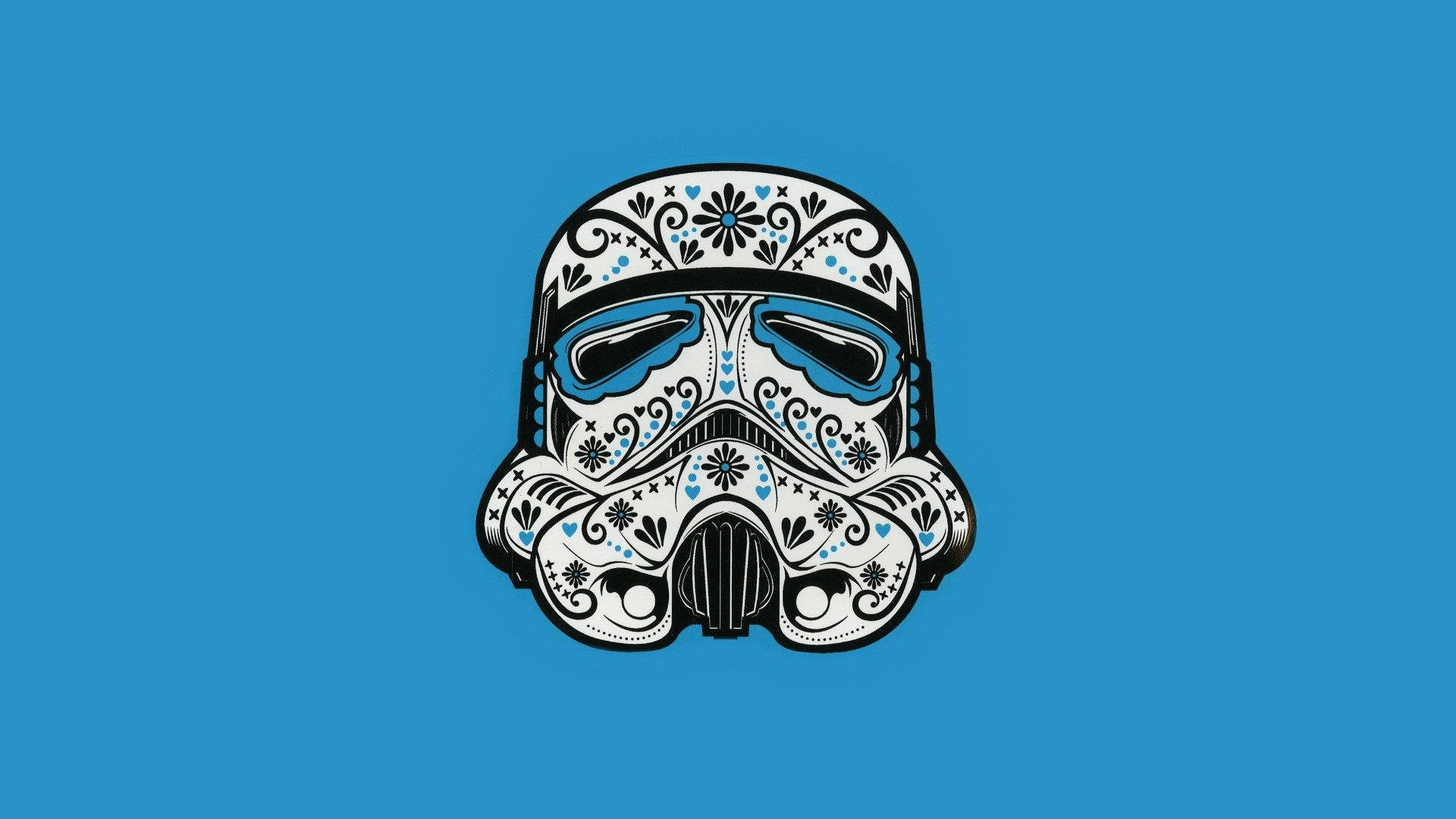stormtrooper helmet, sugar skull patterns, solid blue background, Full HD Desktop Wallpaper