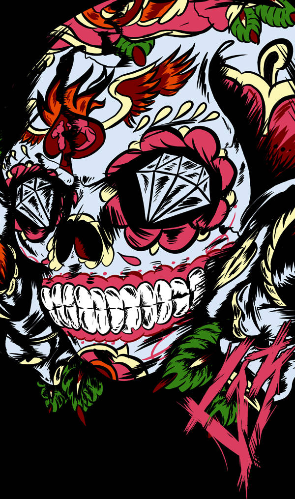 Cool Mexican, pink skull, vibrant red roses, SD Phone Wallpaper