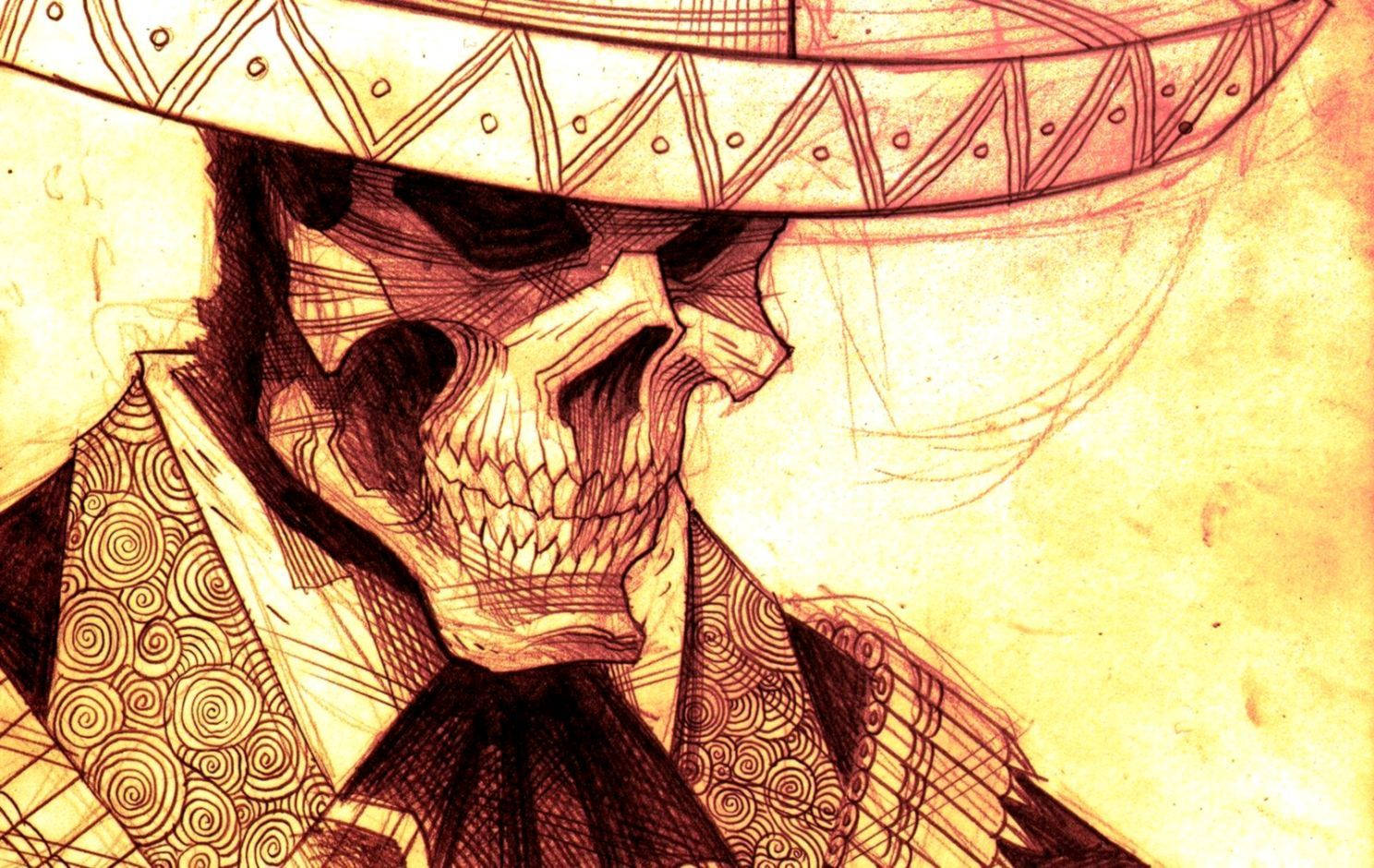mexico themed skull art, wide-brimmed hat, ornate clothing, HD Desktop Wallpaper
