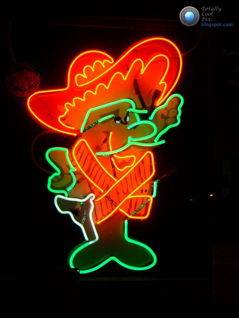 neon sign, cartoonish figure, red sombrero, SD Phone Wallpaper