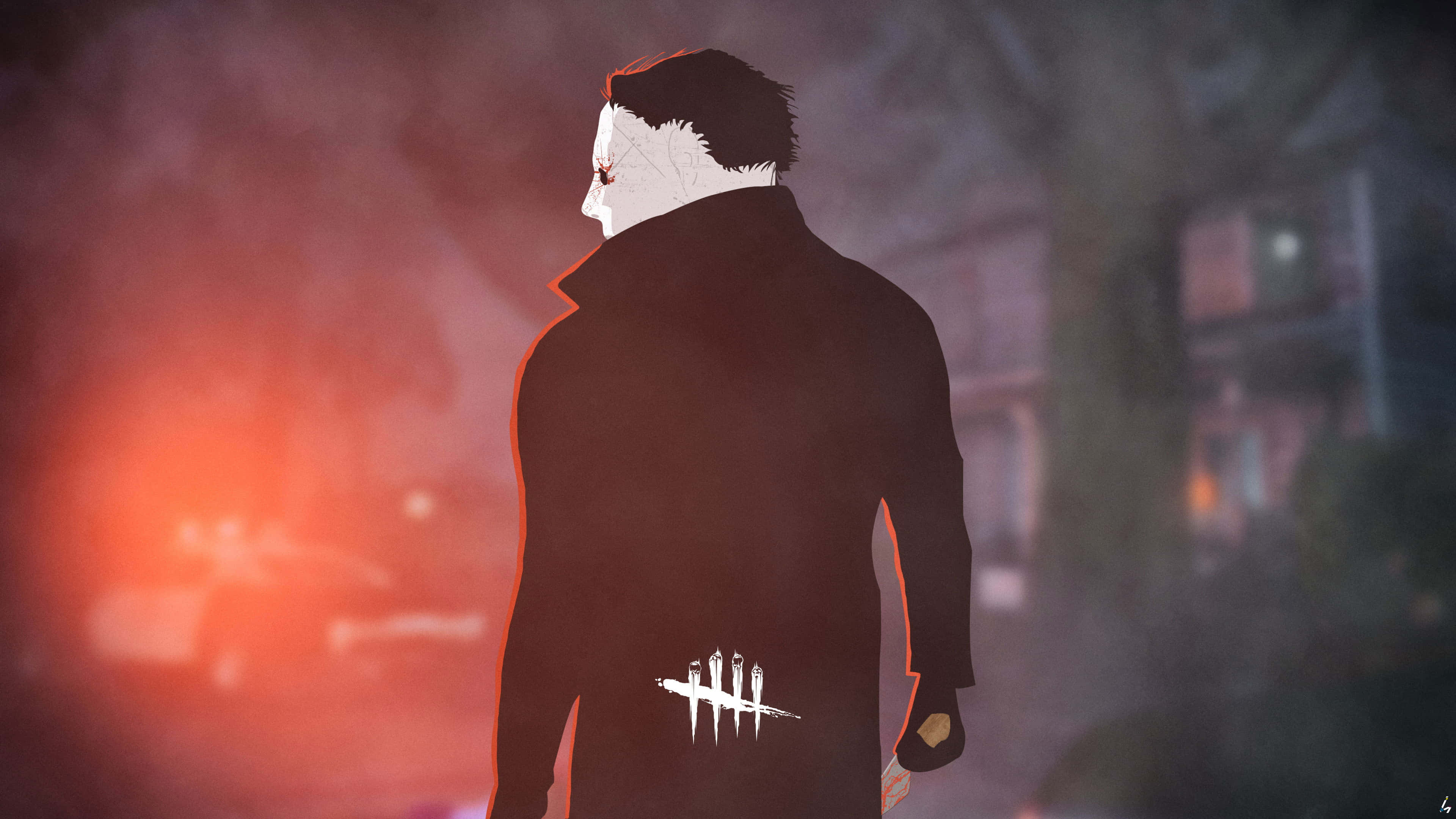 Michael Myers, dark coat, glowing red urban haze, 4K Desktop Wallpaper