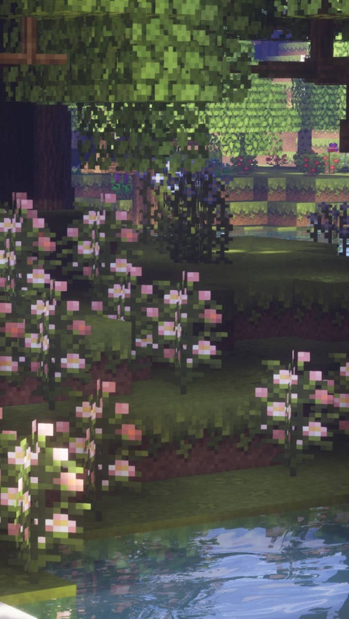 Minecraft, pink flowers, green trees, SD Phone Wallpaper