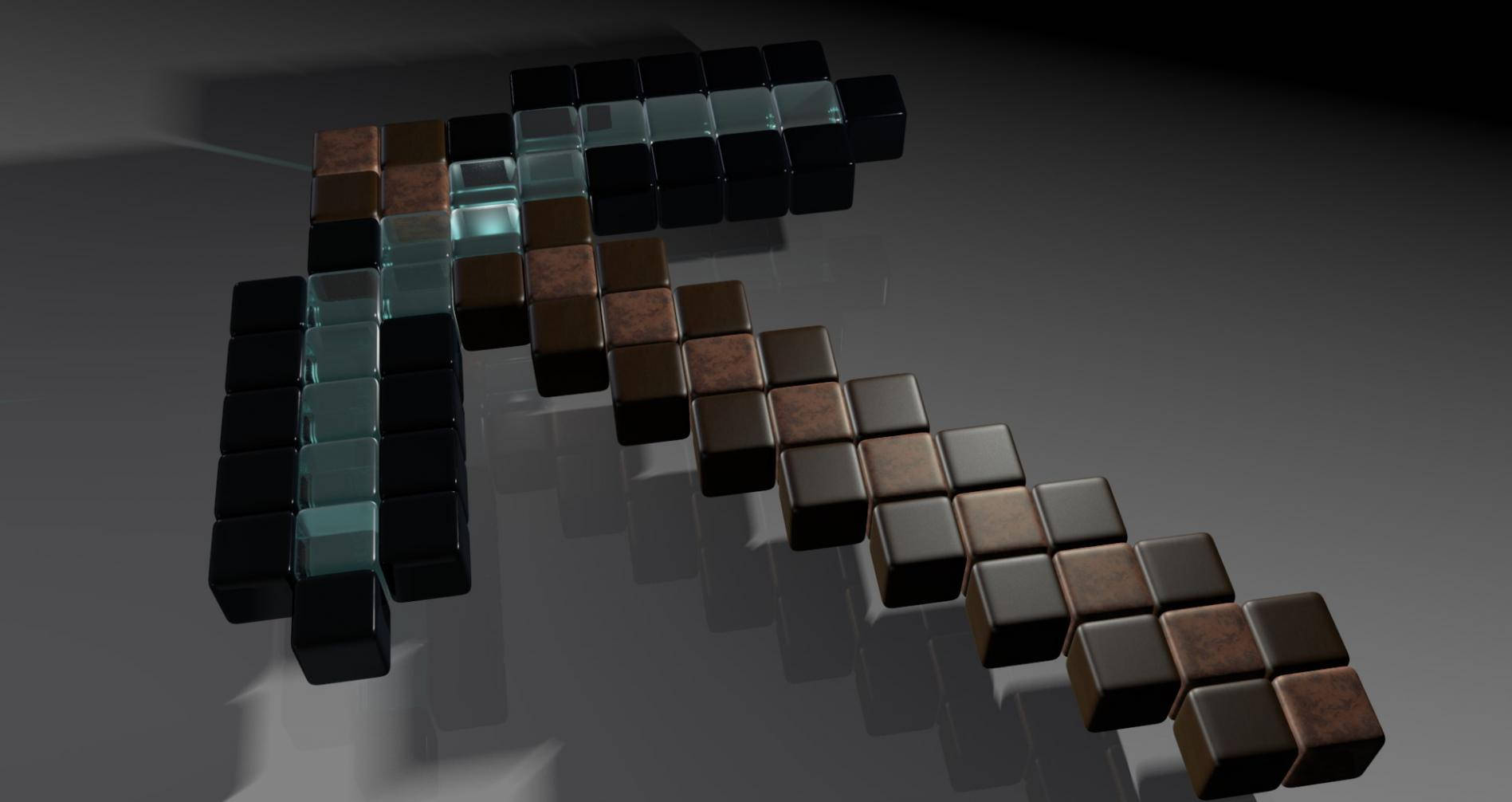 diamond pickaxe, glowing blocks, reflective dark surface, HD Desktop Wallpaper
