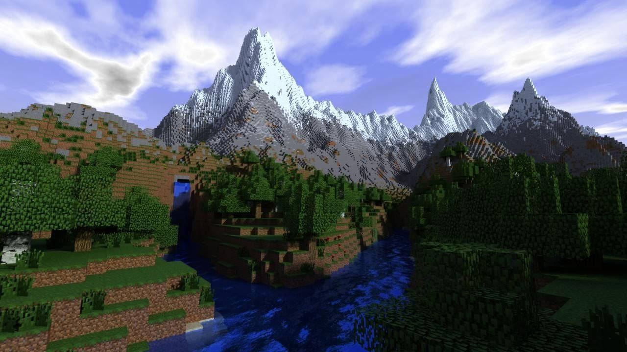 Minecraft, snow-capped mountains, rivers, HD Desktop Wallpaper