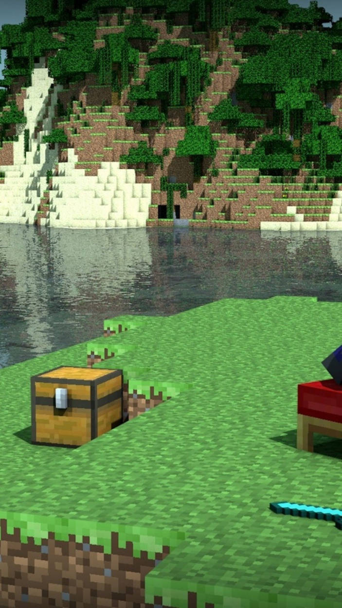 Minecraft, wooden chest, grass, SD Phone Wallpaper