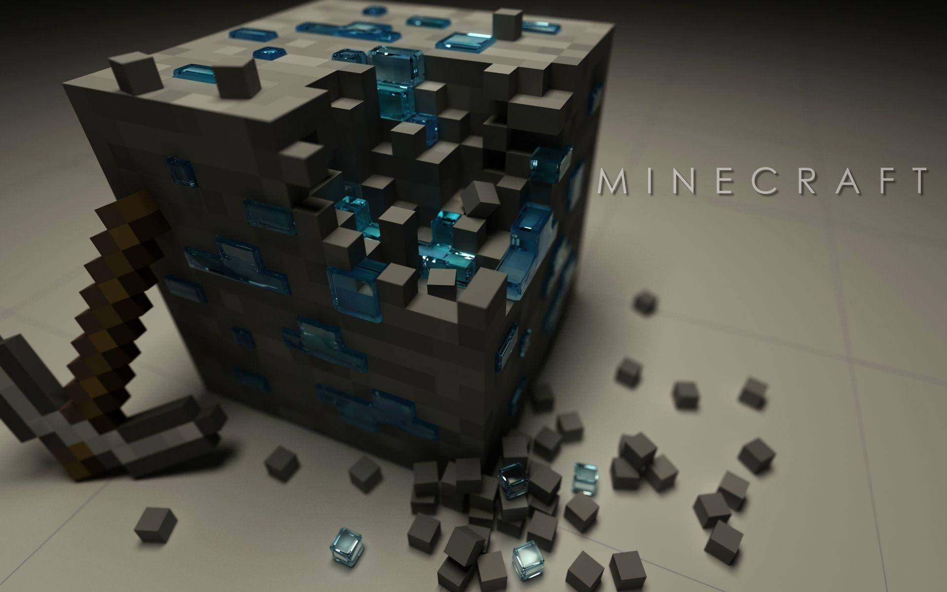 Minecraft, diamond ore block, pickaxe, Full HD Desktop Wallpaper