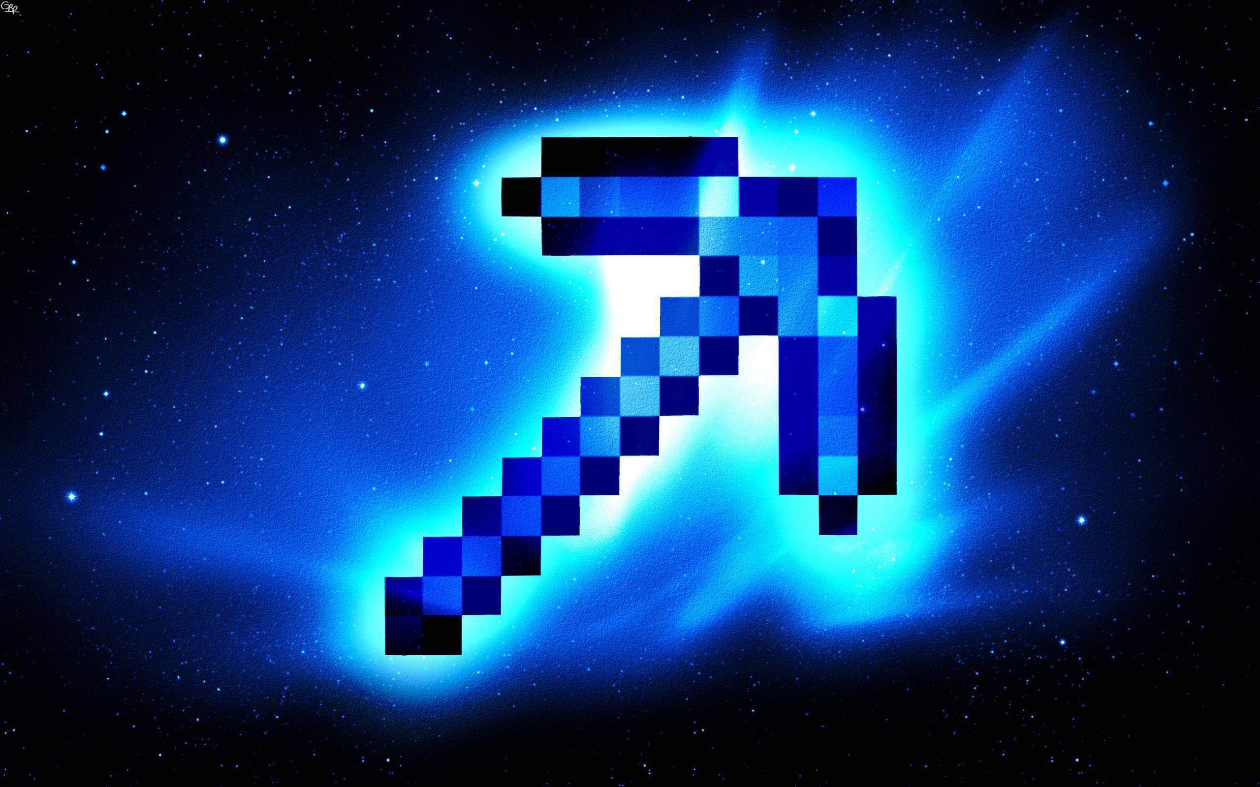 blue lit axe, glowing blue, pixelated pickaxe, 2K Desktop Wallpaper