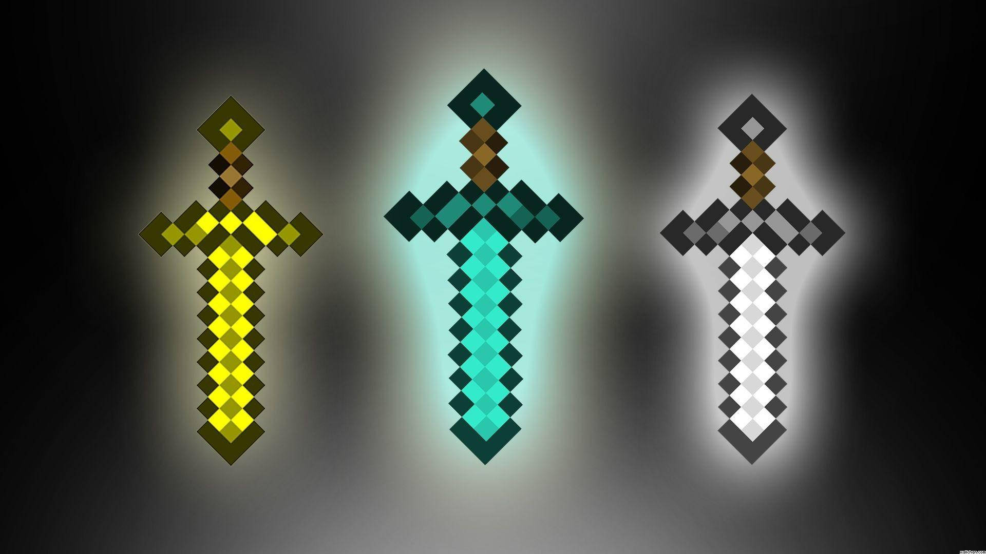 three swords, glowing pixel swords, gold diamond teal, Full HD Desktop Wallpaper