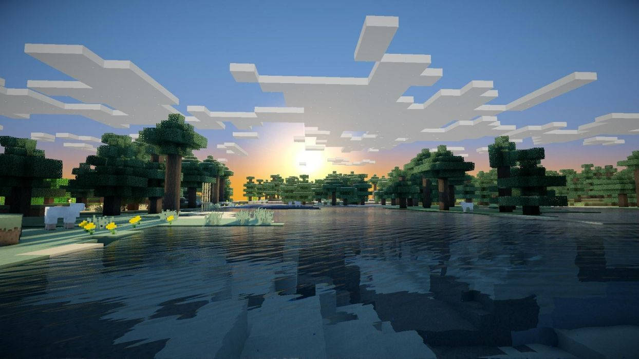 Minecraft, cloudy sunrise, calm lake, SD Desktop Wallpaper