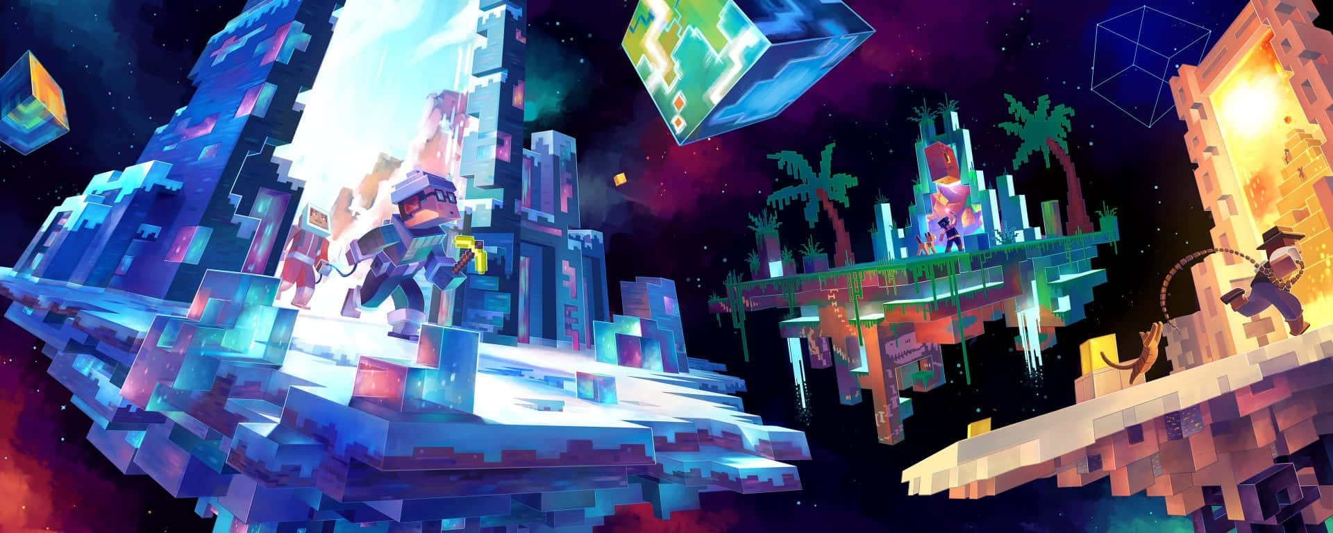 Minecraft, pixelated adventurers, floating islands, Full HD Desktop Wallpaper