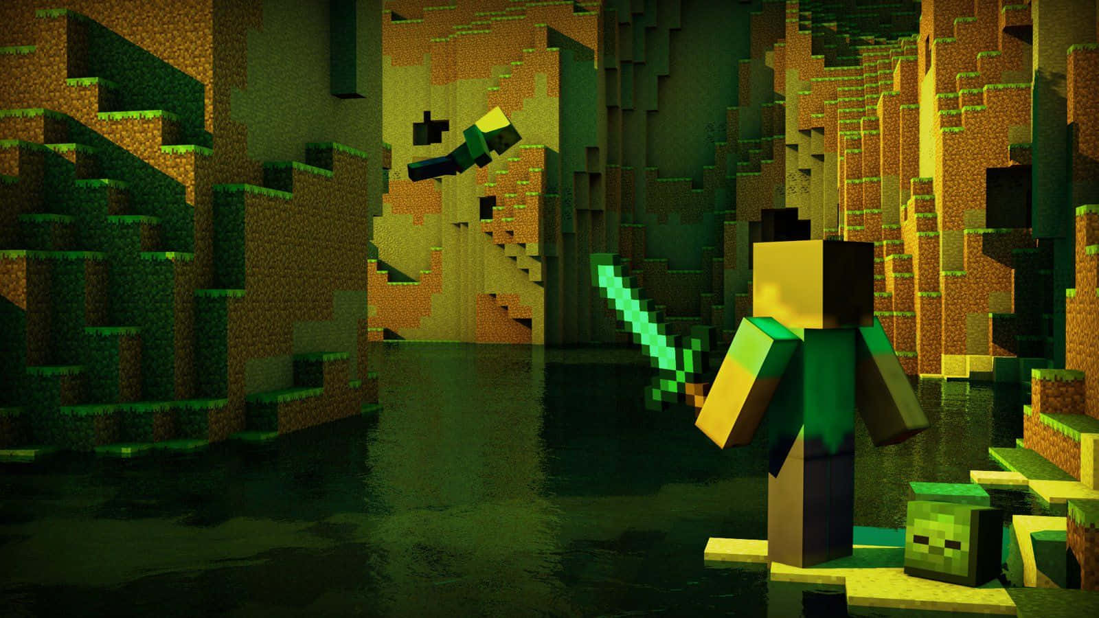 Minecraft, glowing sword, dark jungle biome, HD Desktop Wallpaper
