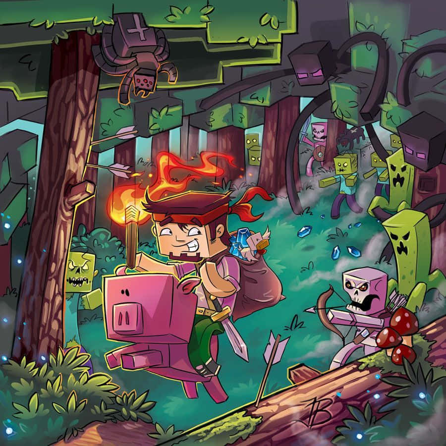 Minecraft, pixel-art adventurer, pig, SD Desktop Wallpaper