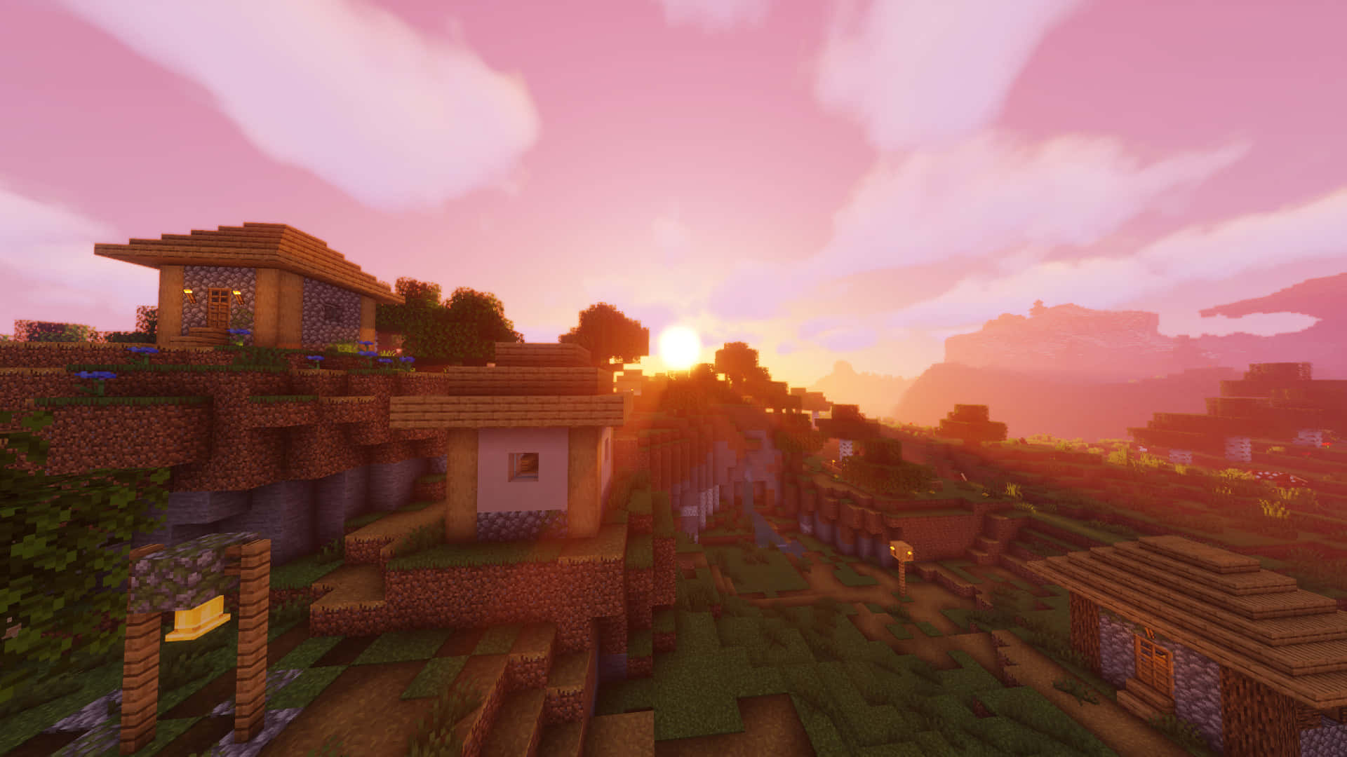 Minecraft, village, sunset, Full HD Desktop Wallpaper