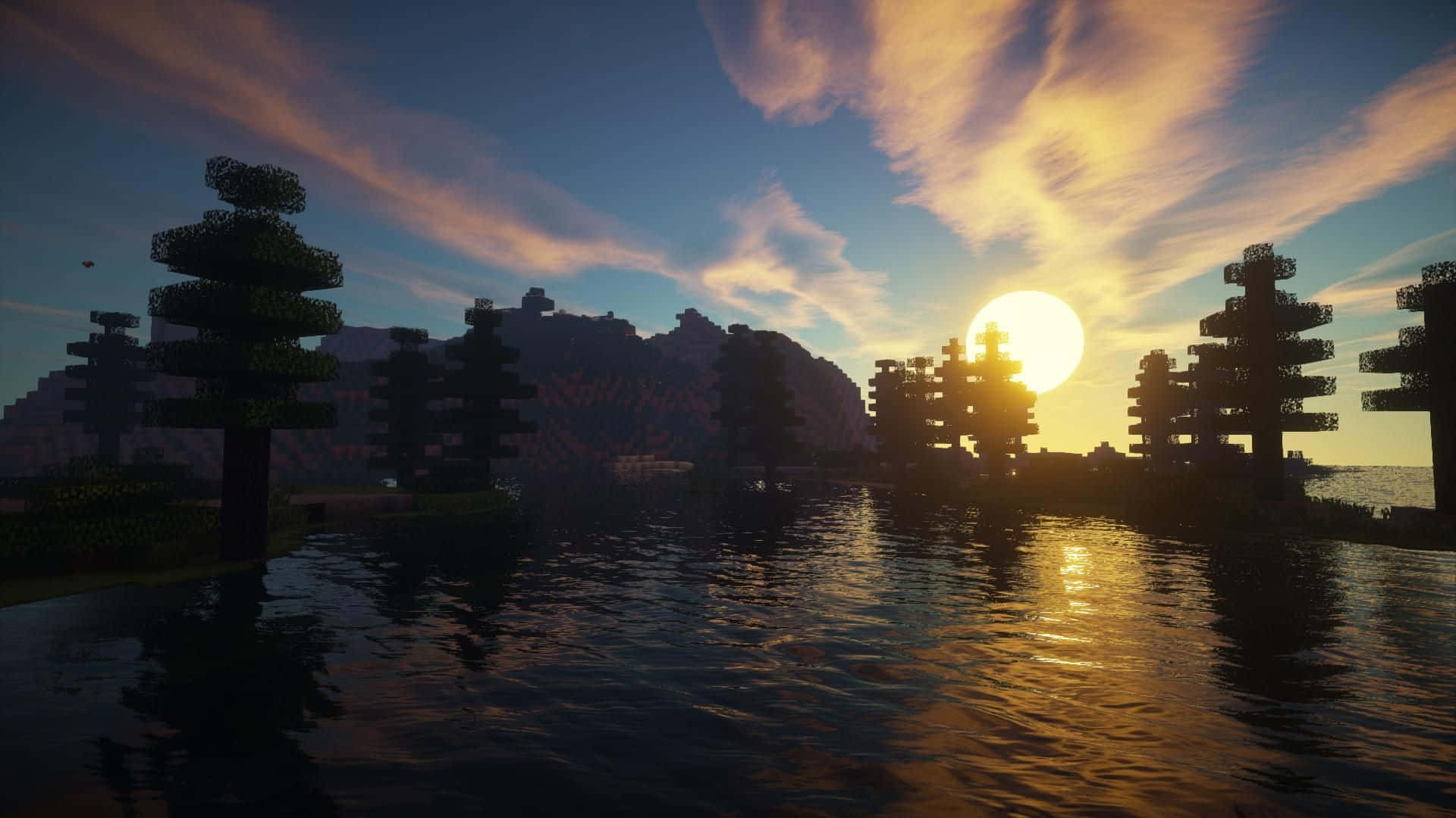 Minecraft, Sunset, blocky trees, Full HD Desktop Wallpaper