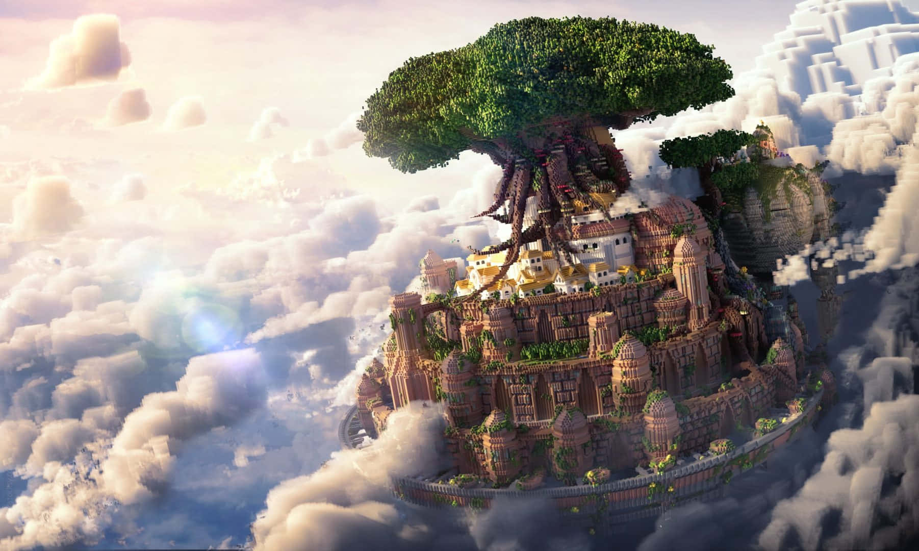 Minecraft, floating island city, fluffy clouds, HD Desktop Wallpaper