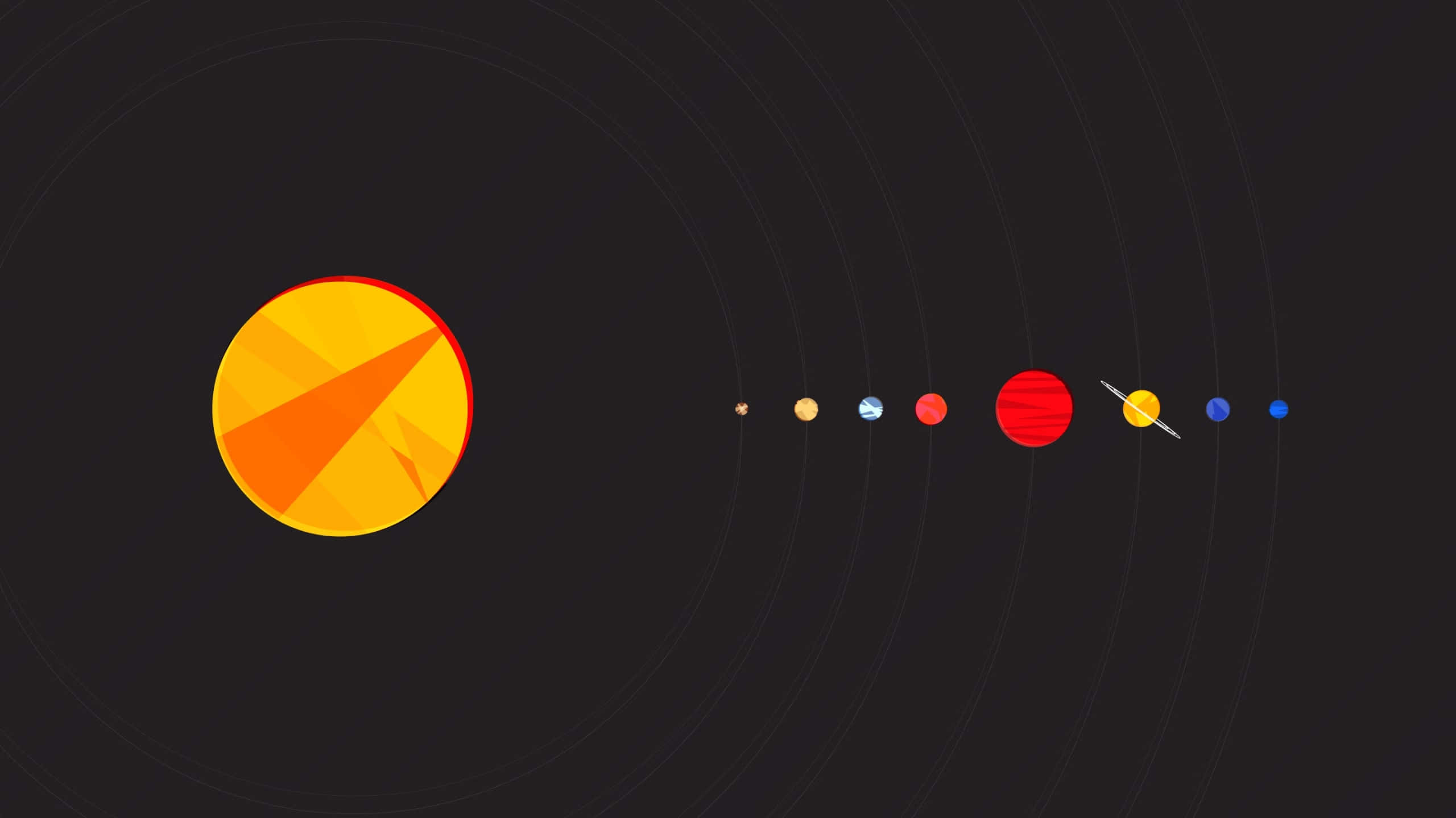 solar system, geometric sun, minimalist orbits, 2K Desktop Wallpaper