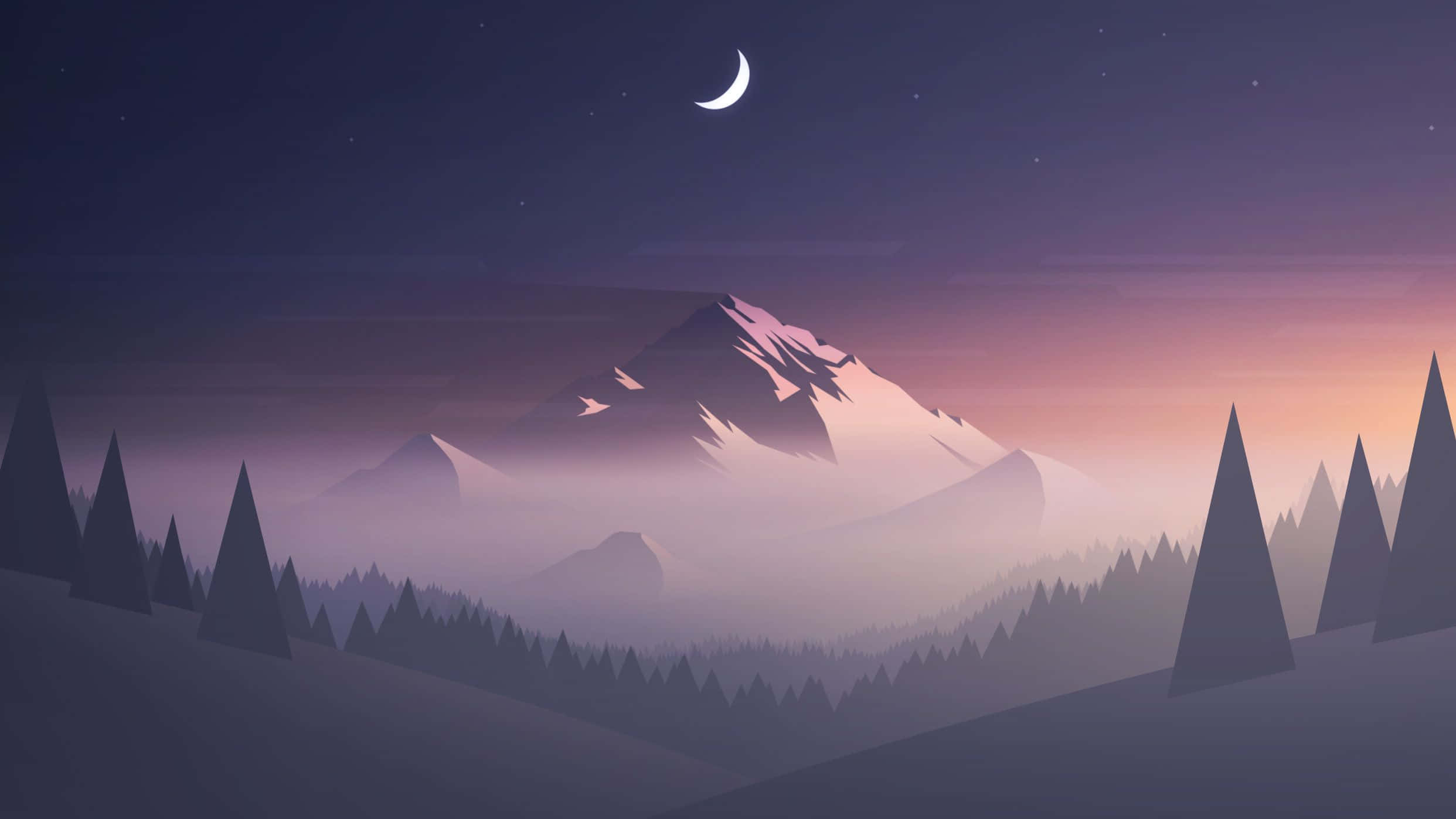 crescent moon, misty pine forests, gradient purple orange sky, Full HD Desktop Wallpaper