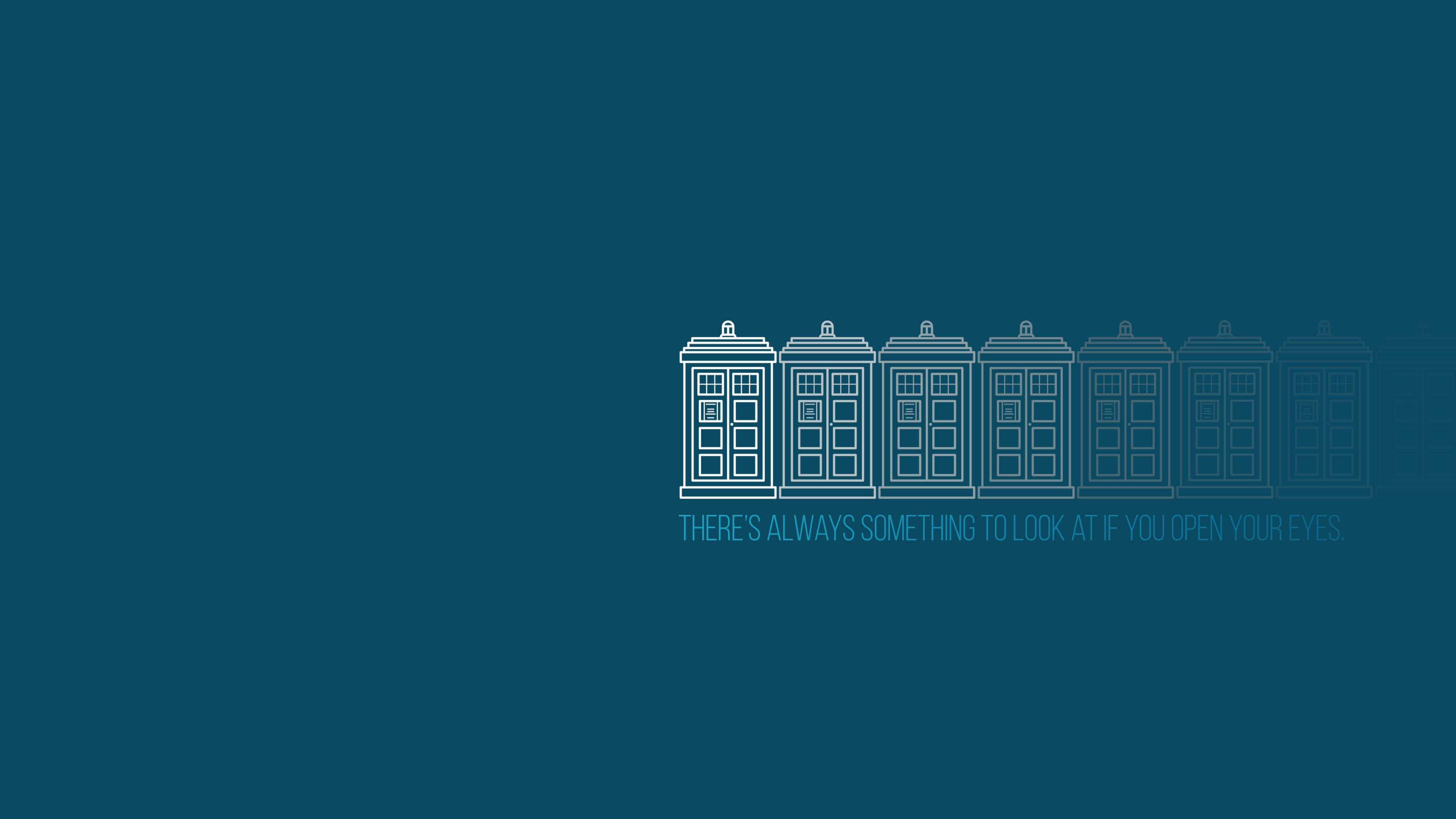 white line-art police boxes, deep teal background, quote below, 4K Desktop Wallpaper