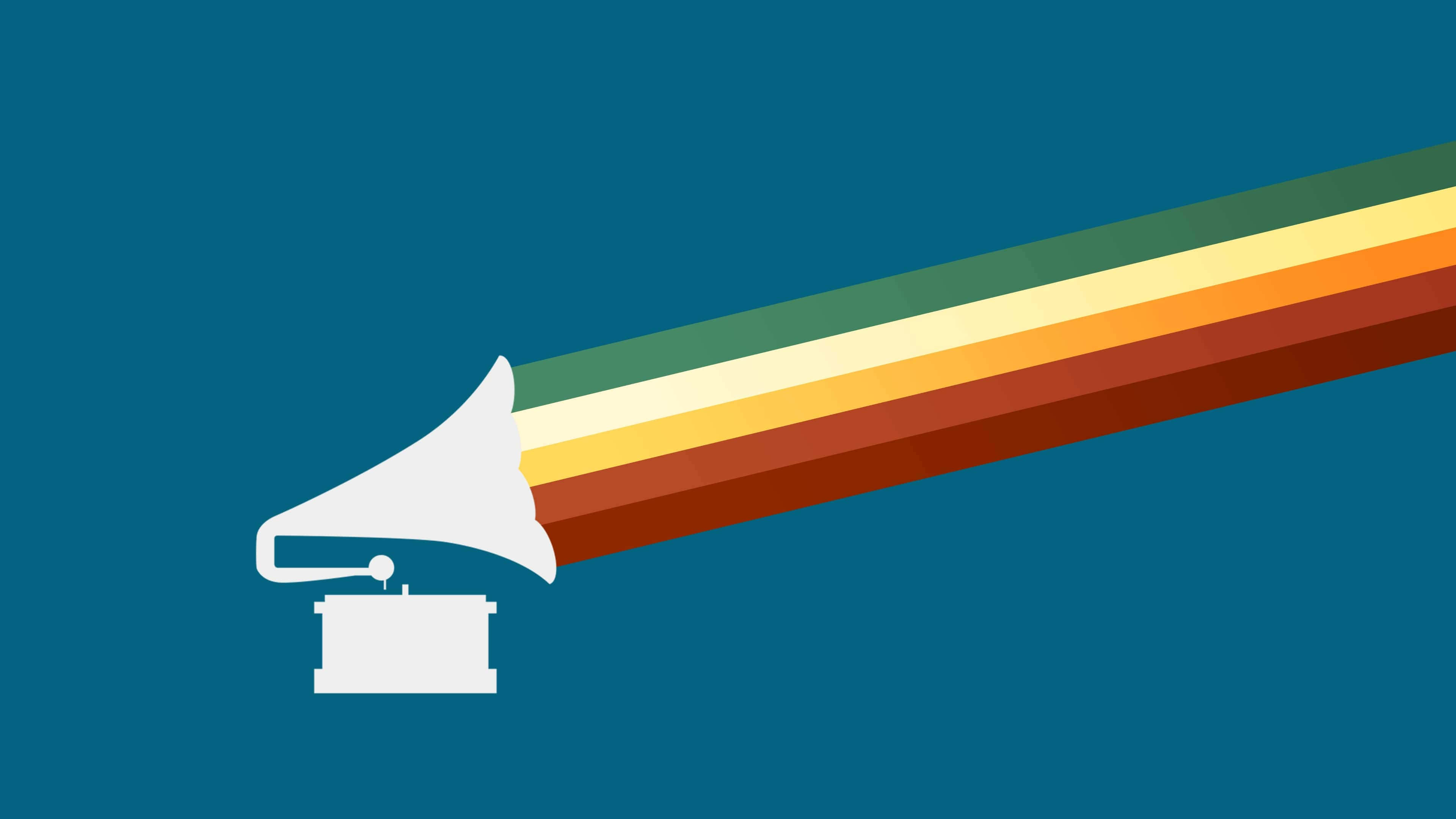 white gramophone, vibrant rainbow beam, teal background, 4K Desktop Wallpaper