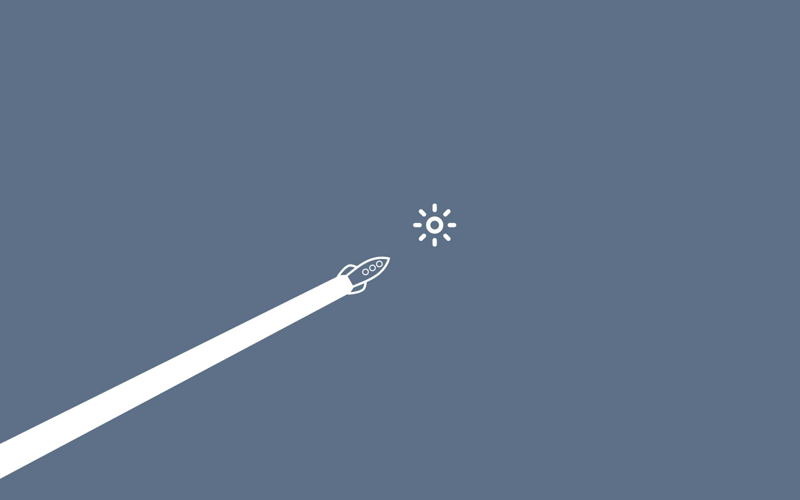 minimalist white rocket, solid blue background, trail, 2K Desktop Wallpaper