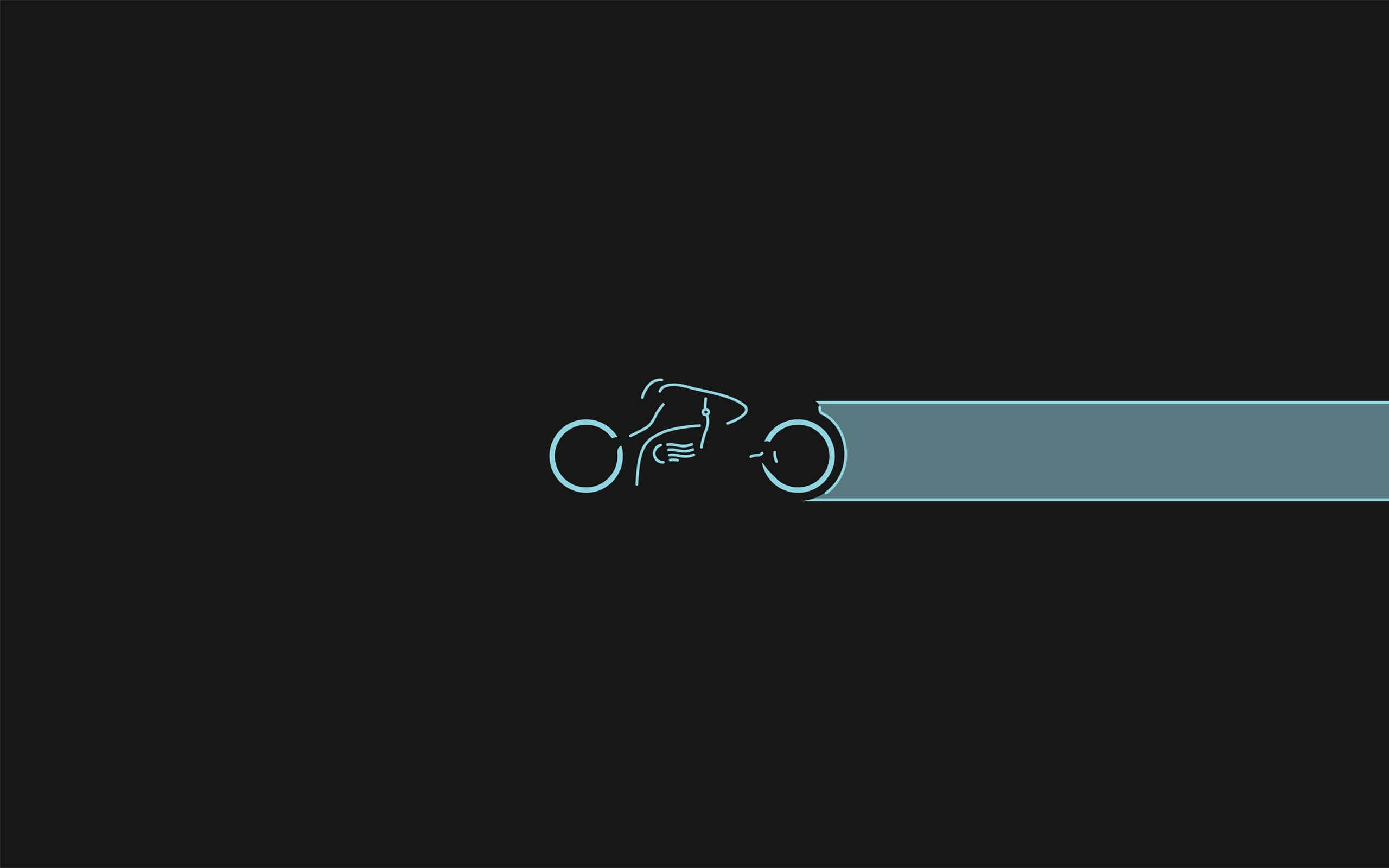 glowing blue line-art motorcycle silhouette, dark background, teal horizontal bar, 2K Desktop Wallpaper
