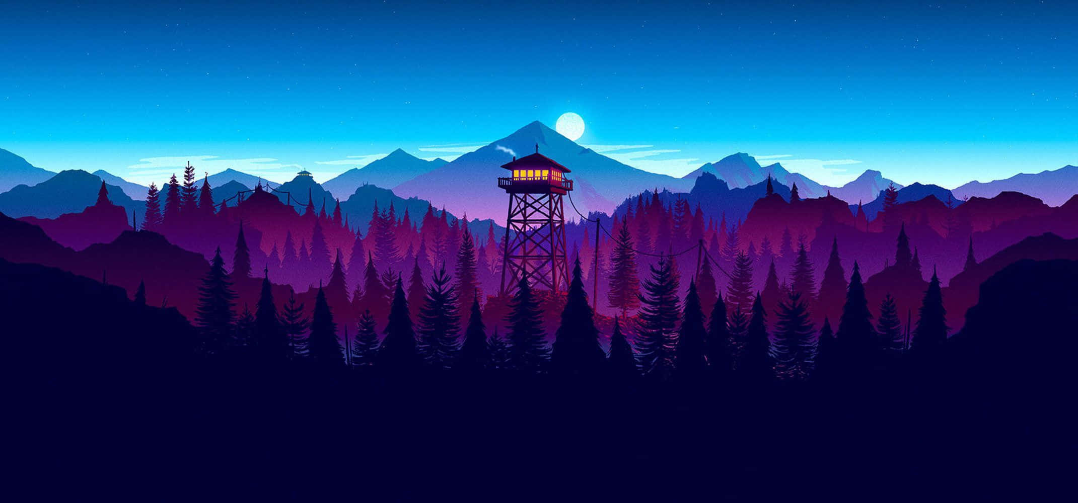 Cool Monitor, glowing fire lookout tower, pine forest, Full HD Desktop Wallpaper