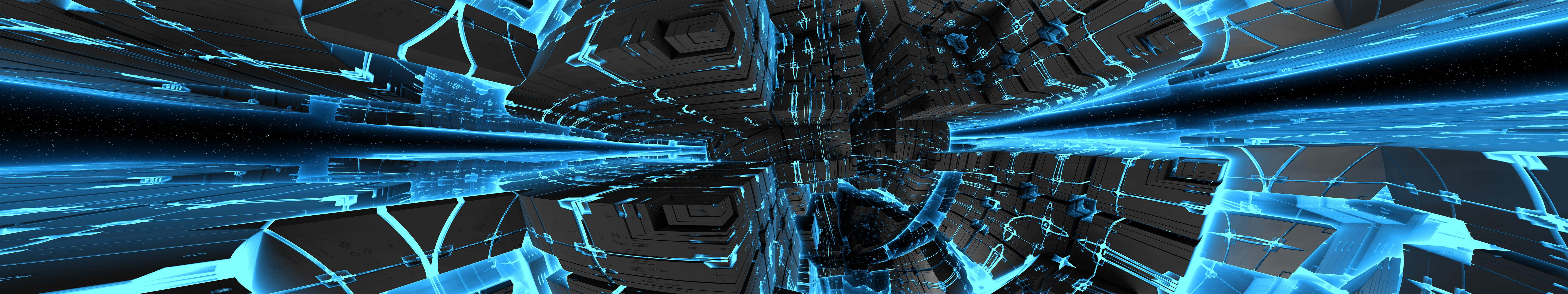 futuristic city, glowing blue circuitry, dark metallic panels, 8K Desktop Wallpaper
