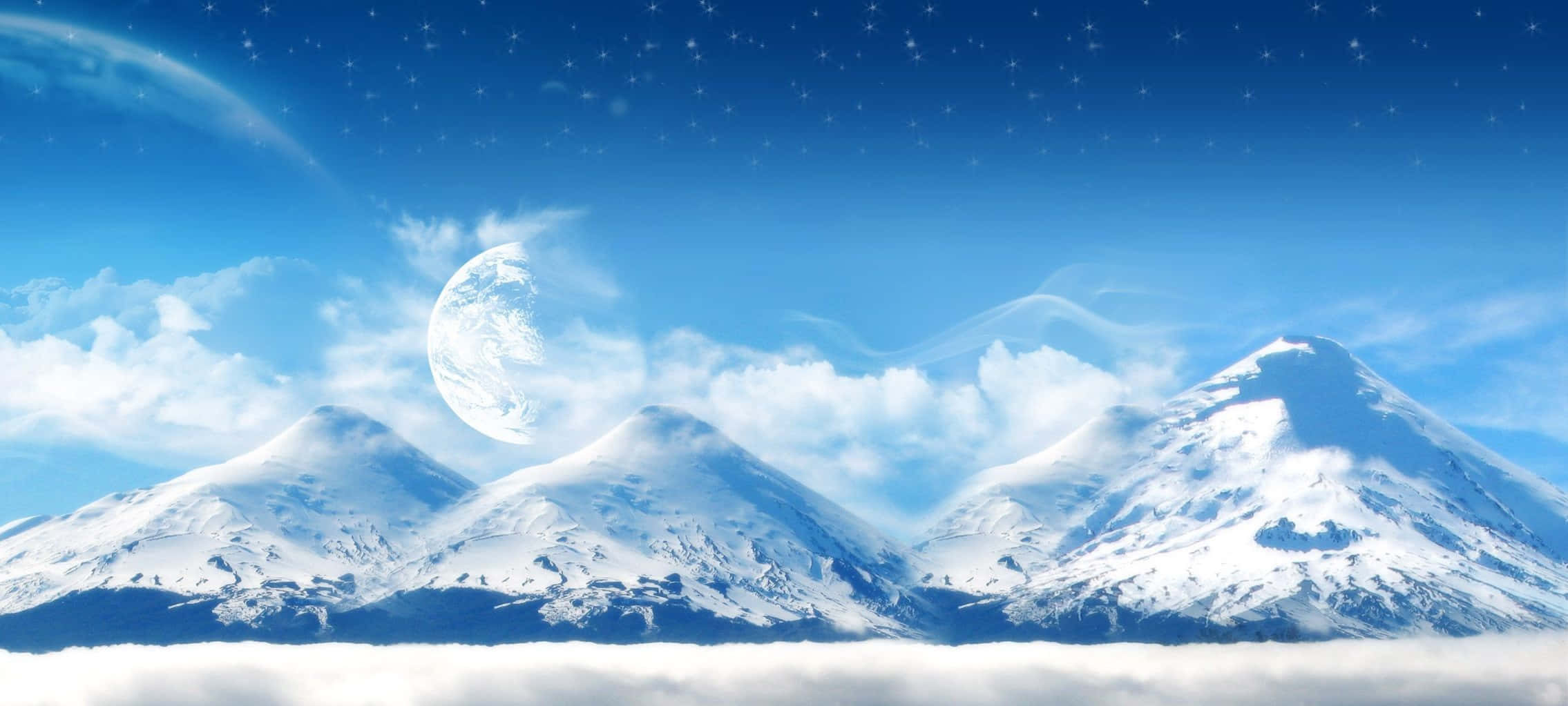 Cool Monitor, Snowy Mountains, starry blue sky, Full HD Desktop Wallpaper