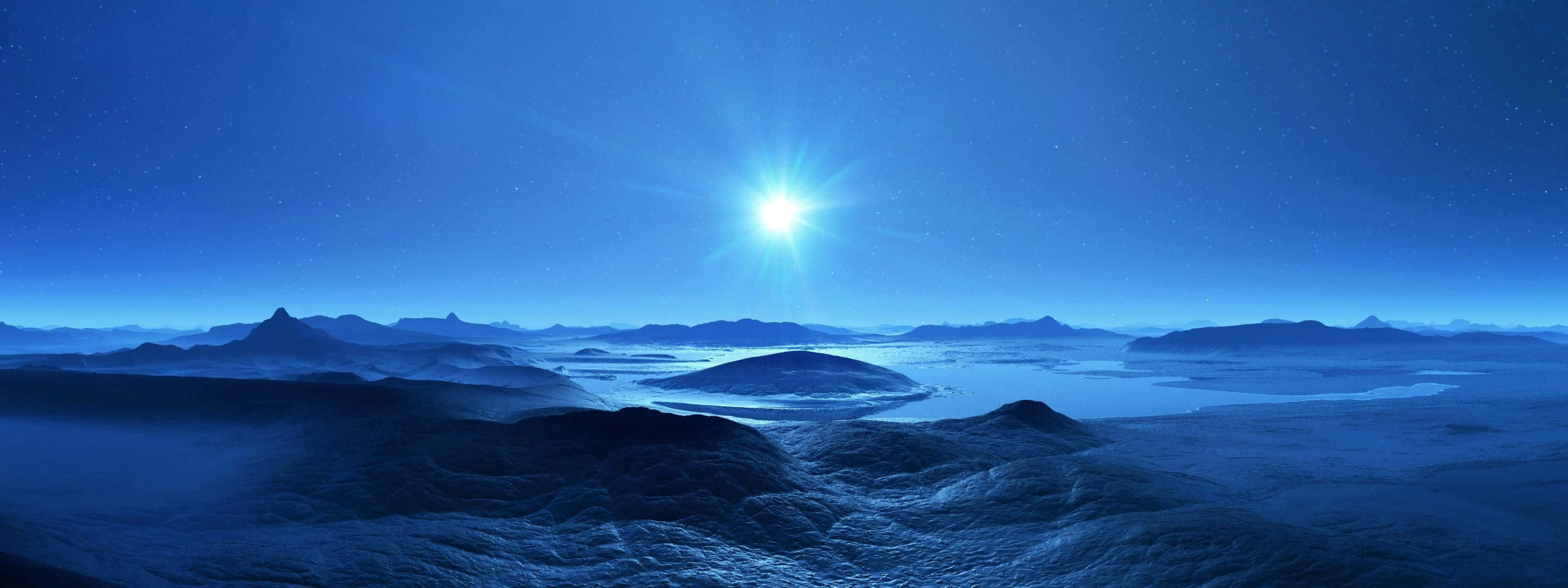 Cool Monitor, luminous star, vast blue alien landscape, 2K Desktop Wallpaper