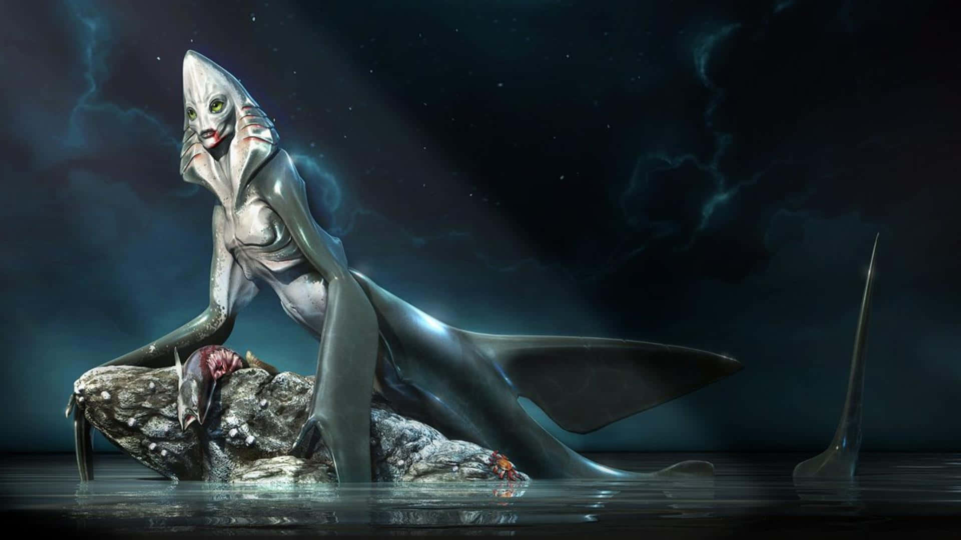 Cool Monster, shark-headed humanoid, glowing green eyes, Full HD Desktop Wallpaper