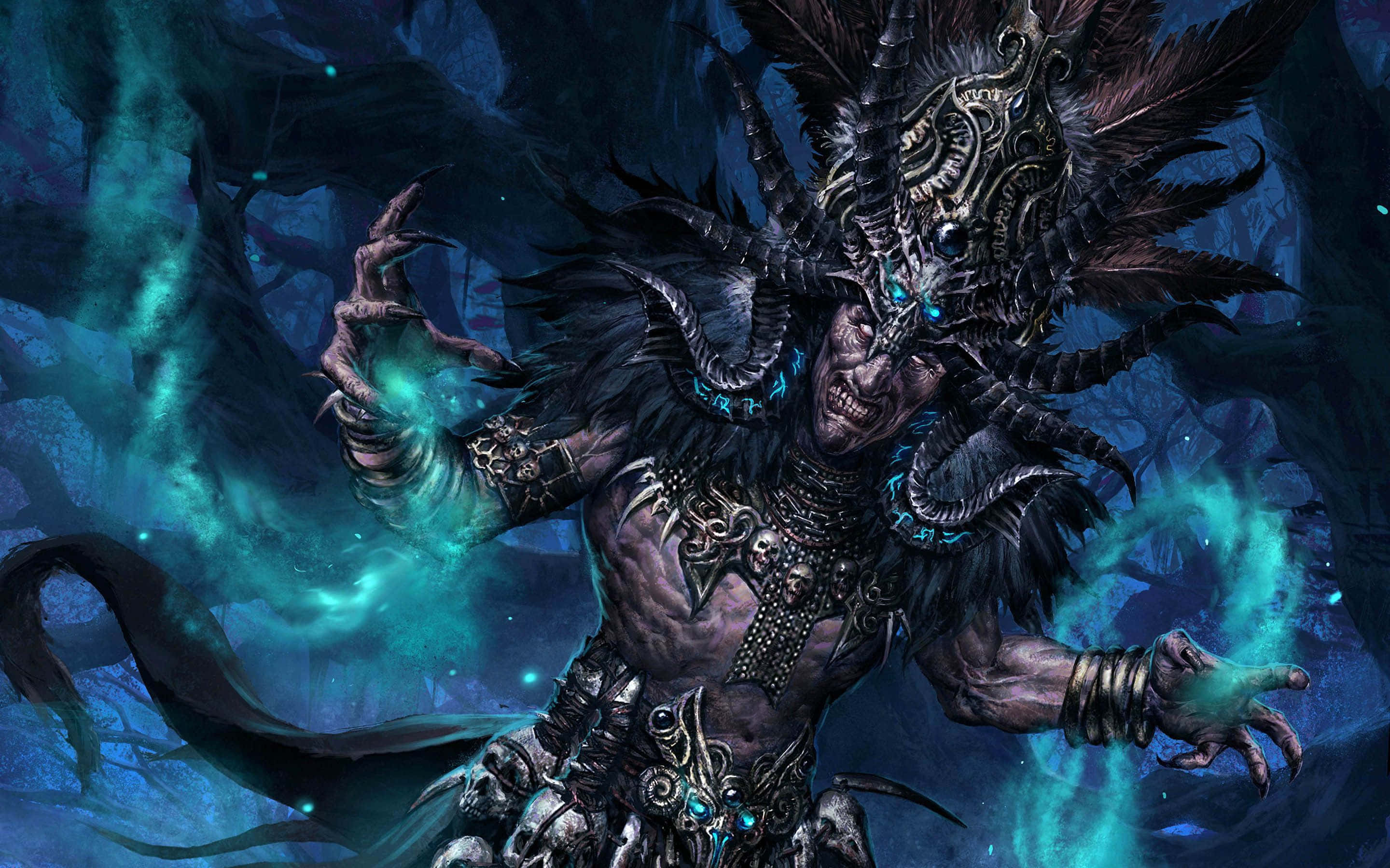 Cool Monster, demonic figure, glowing blue energy, 2K Desktop Wallpaper