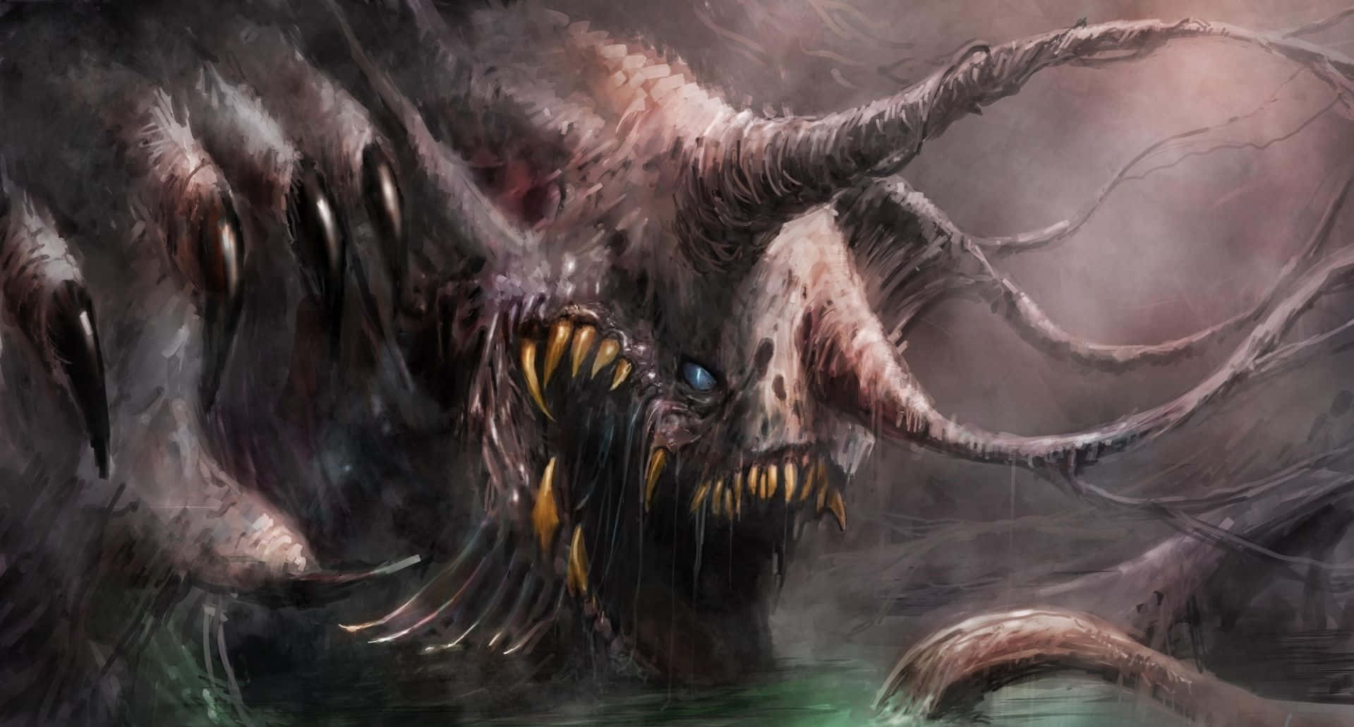 monstrous creature, glowing blue eyes, sharp yellow teeth, HD Desktop Wallpaper