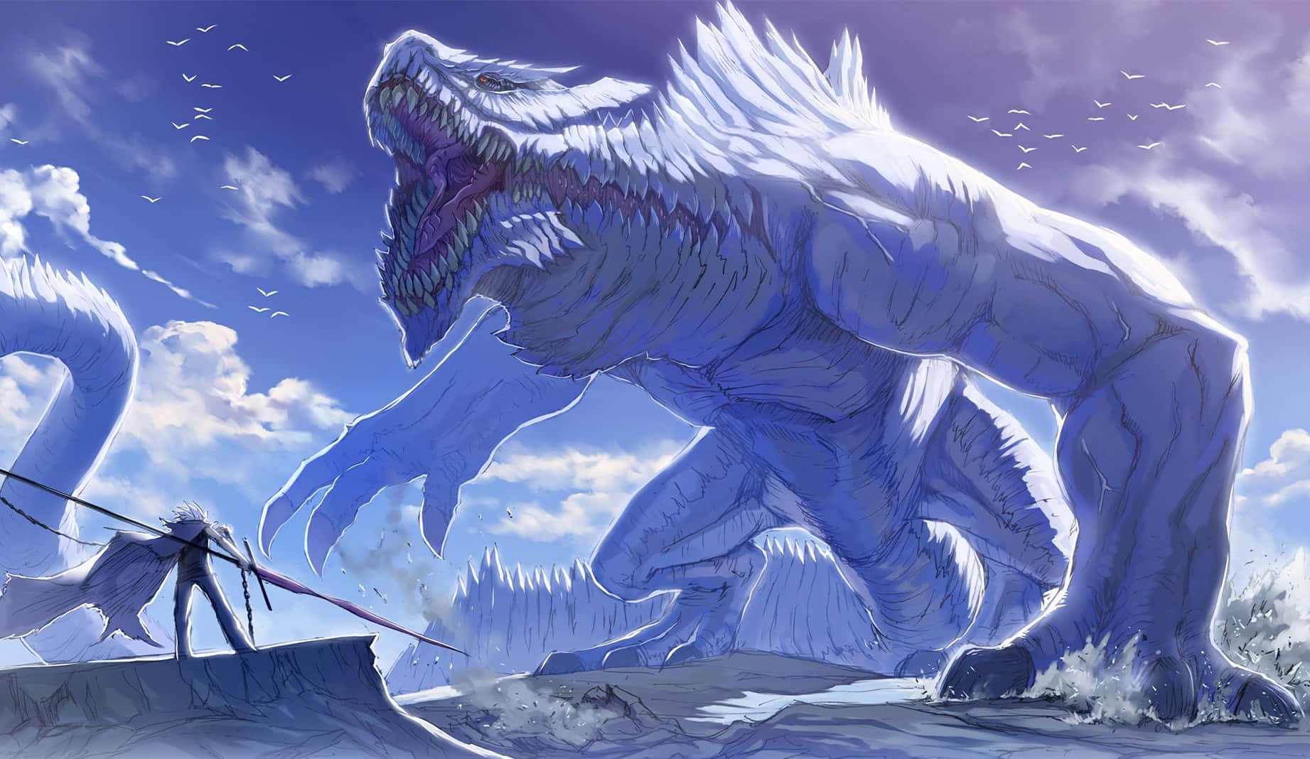 Cool Monster, white robes, colossal ice dragon, HD Desktop Wallpaper