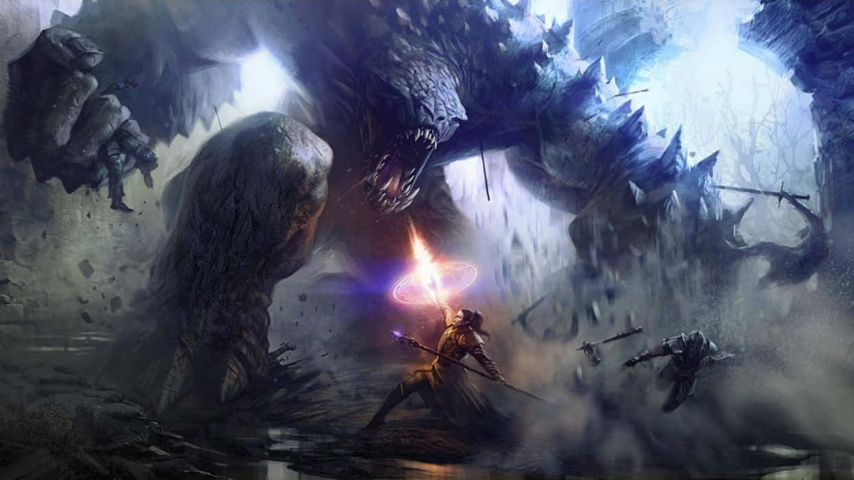 Cool Monster, glowing sword, colossal dragon, SD Desktop Wallpaper