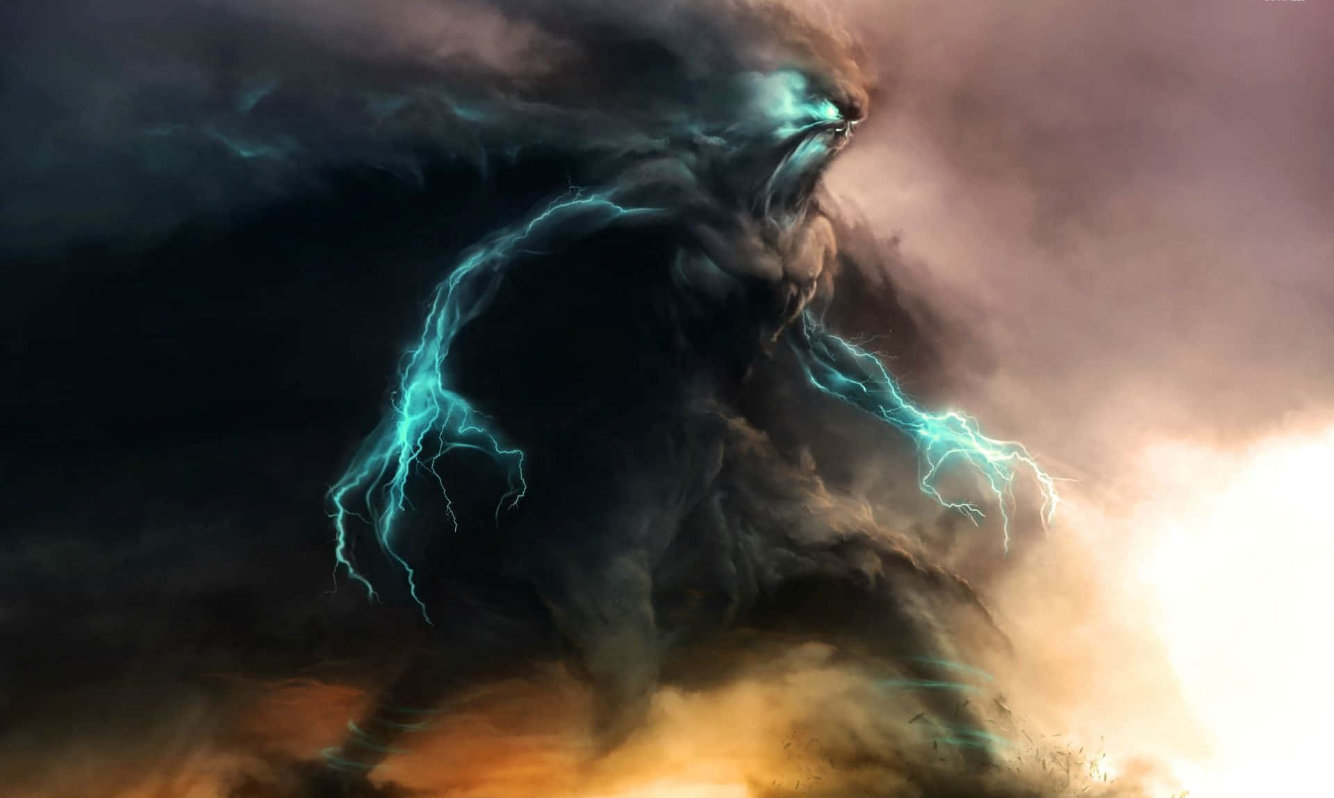 colossal storm god, swirling clouds, electric blue lightning, Full HD Desktop Wallpaper