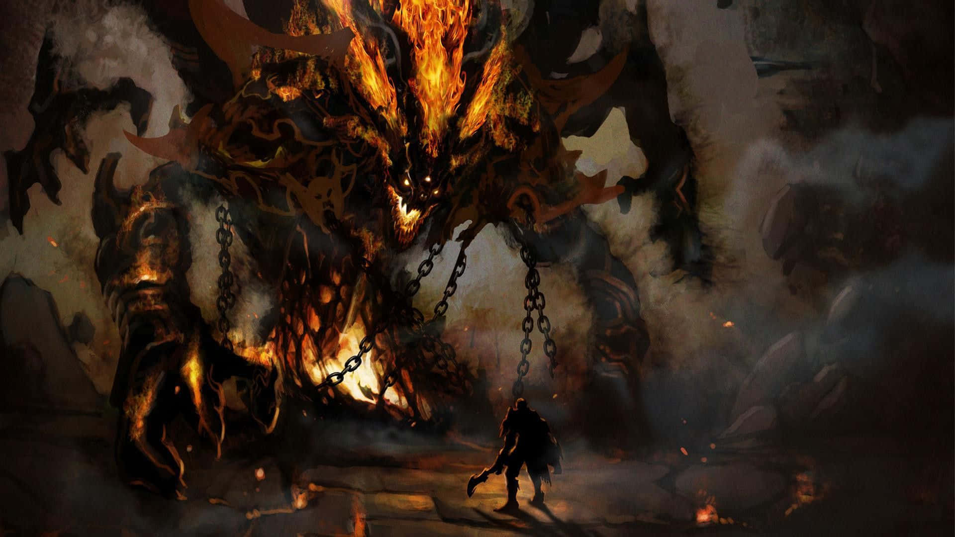 Cool Monster, fiery demon, smoky cavernous lair, Full HD Desktop Wallpaper