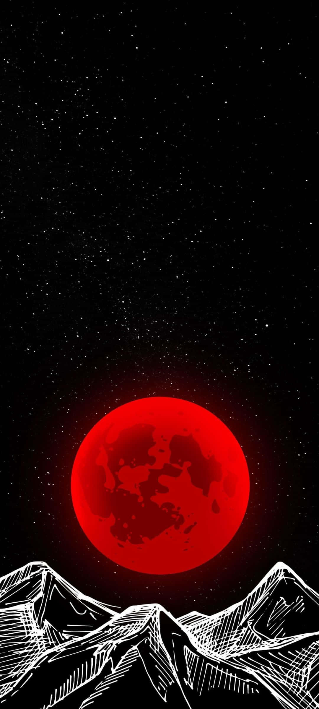 blood moon, stark white line-art mountains, starry black sky, Full HD Phone Wallpaper